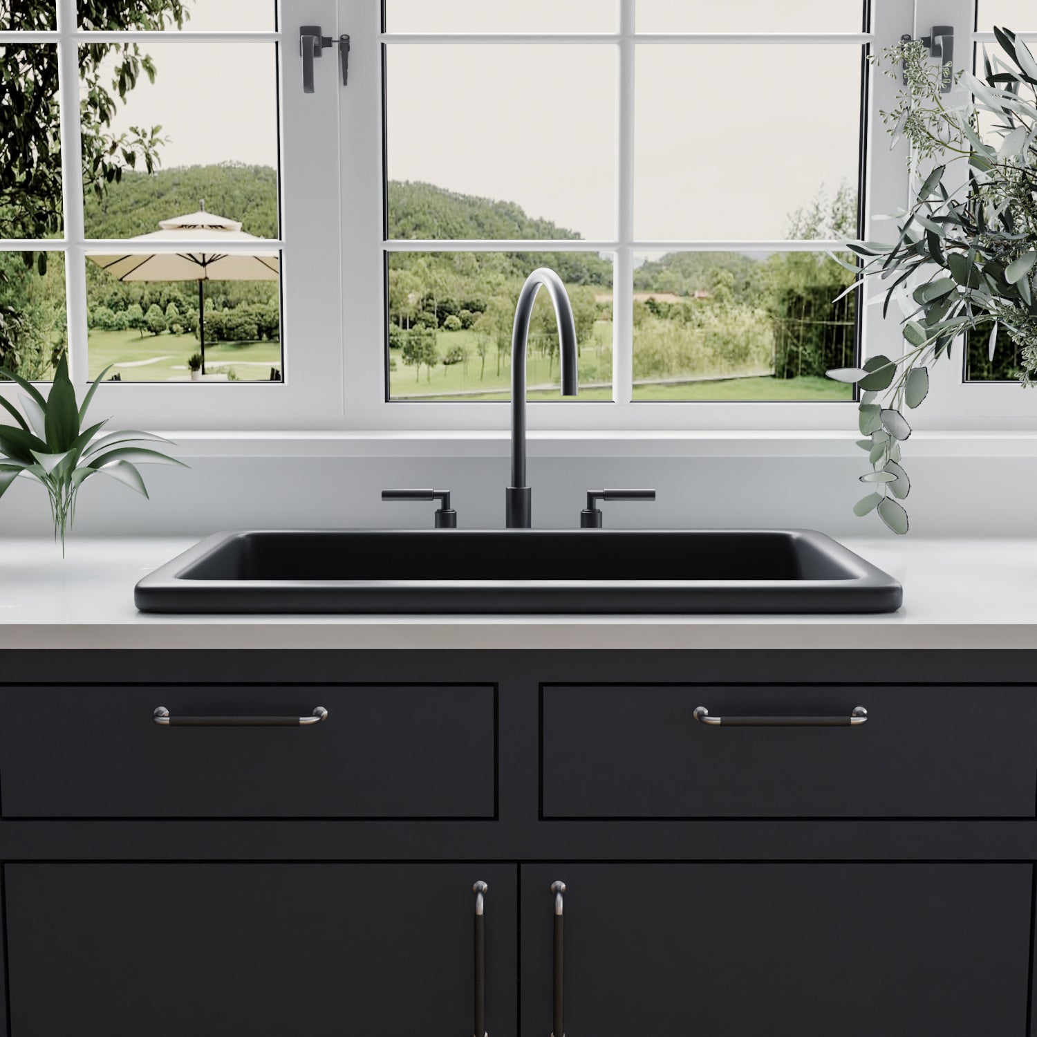 DeerValley Glen 32" Single Bowl Rectangle Black Fireclay Easy-Cleaning Undermount or Topmount Farmhouse Kitchen Sink With Basket Strainer Drain and Grid