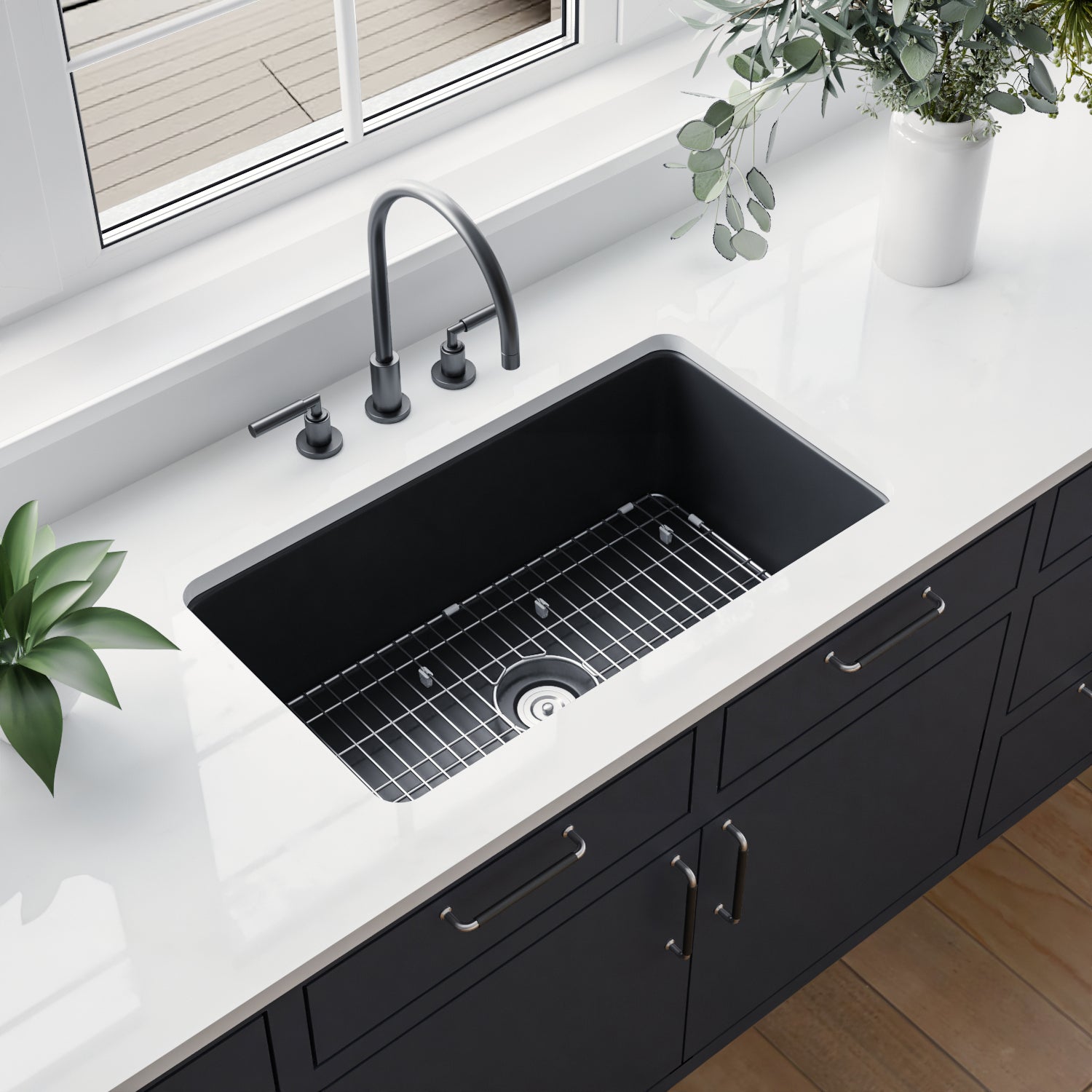 DeerValley Glen 32" Single Bowl Rectangle Black Fireclay Easy-Cleaning Undermount or Topmount Farmhouse Kitchen Sink With Basket Strainer Drain and Grid