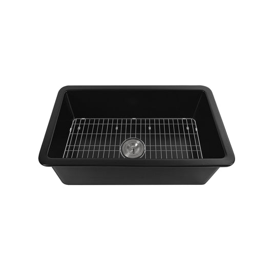 DeerValley Glen 32" Single Bowl Rectangle Black Fireclay Easy-Cleaning Undermount or Topmount Farmhouse Kitchen Sink With Basket Strainer Drain and Grid