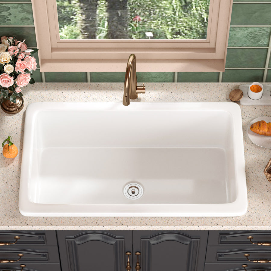 DeerValley Glen 32" Single Bowl Rectangle White Fireclay Large Capacity Undermount or Topmount Farmhouse Kitchen Sink With Basket Strainer Drain and Grid