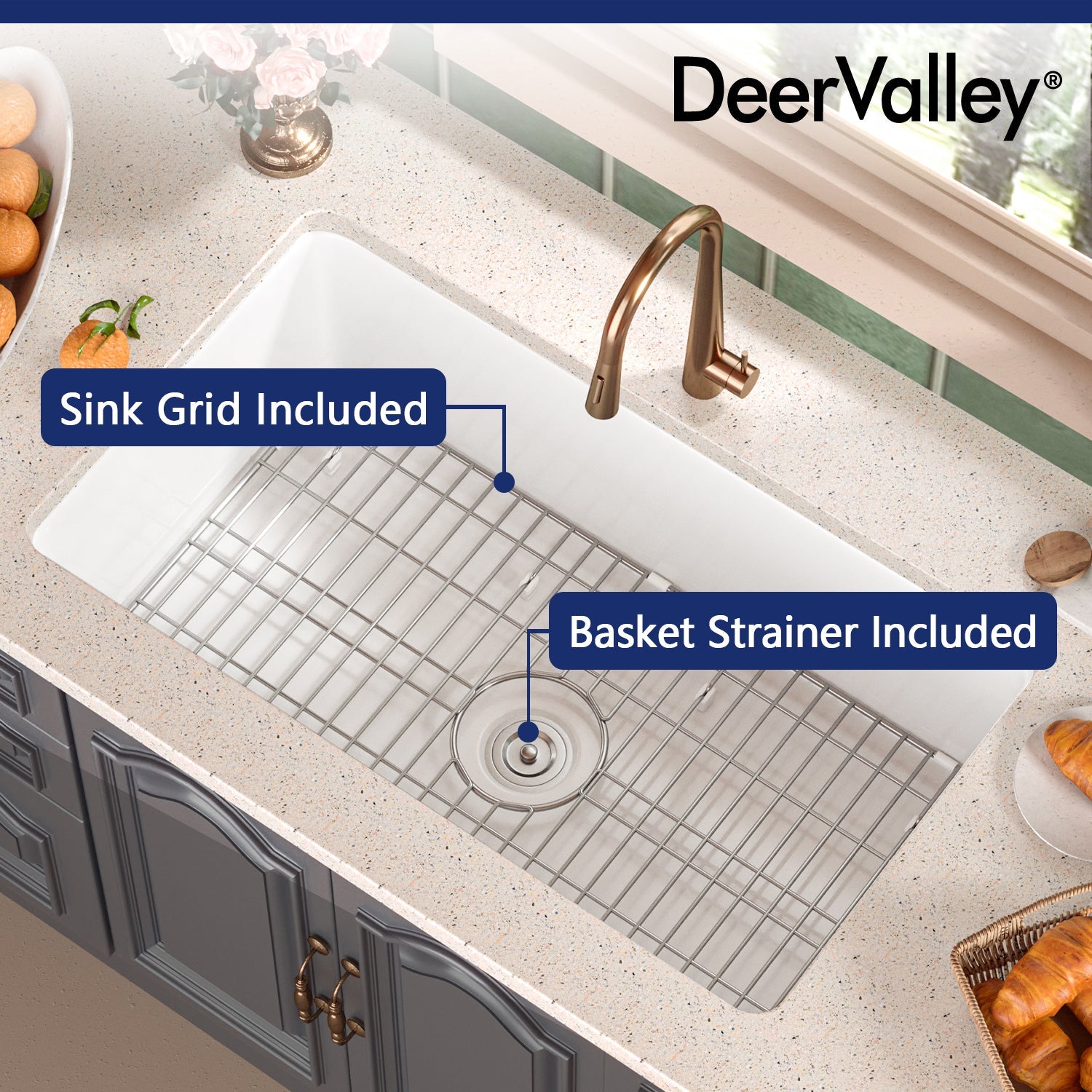 DeerValley Glen 32" Single Bowl Rectangle White Fireclay Large Capacity Undermount or Topmount Farmhouse Kitchen Sink With Basket Strainer Drain and Grid