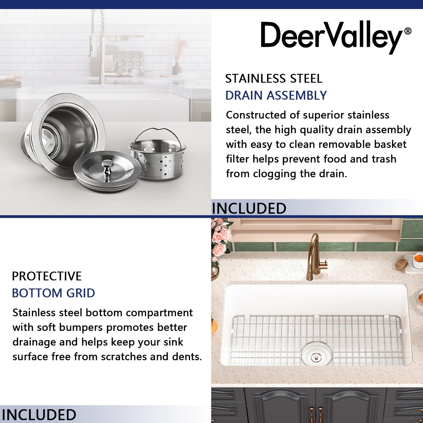 DeerValley Glen 32" Single Bowl Rectangle White Fireclay Large Capacity Undermount or Topmount Farmhouse Kitchen Sink With Basket Strainer Drain and Grid