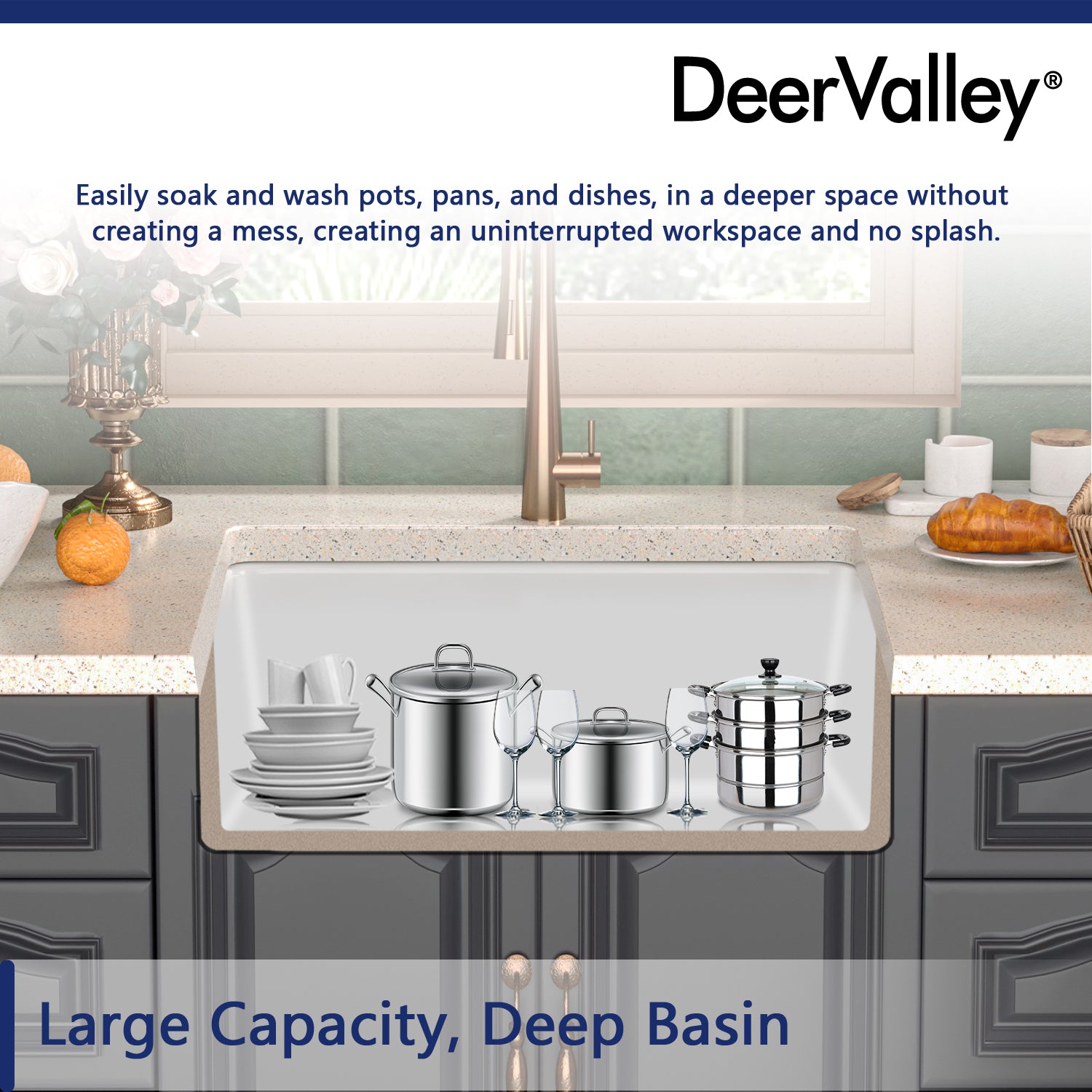 DeerValley Glen 32" Single Bowl Rectangle White Fireclay Large Capacity Undermount or Topmount Farmhouse Kitchen Sink With Basket Strainer Drain and Grid