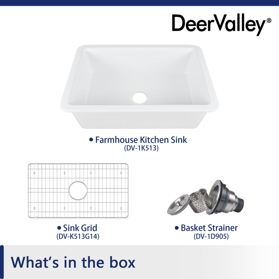 DeerValley Glen 32" Single Bowl Rectangle White Fireclay Large Capacity Undermount or Topmount Farmhouse Kitchen Sink With Basket Strainer Drain and Grid