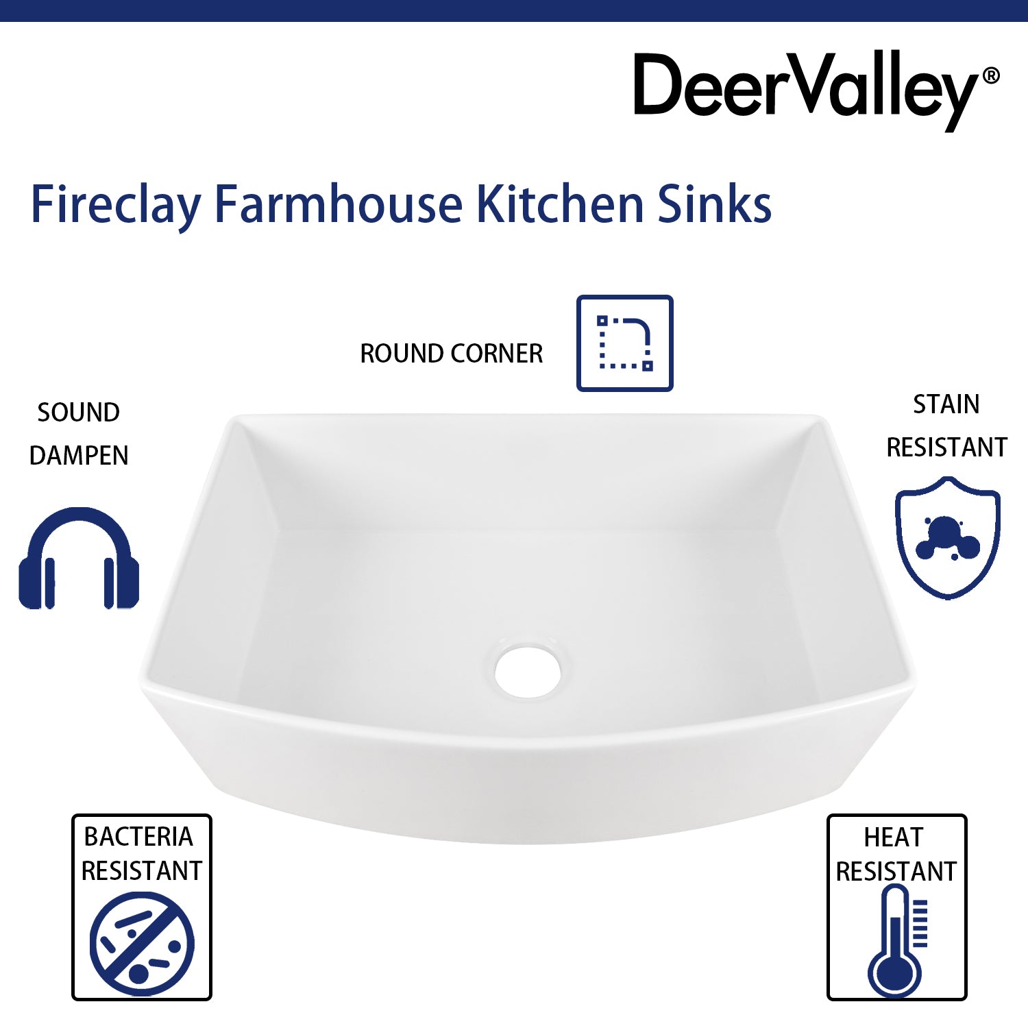 DeerValley Grove 30" Single Bowl Rectangular White Corrosion-Resistant Farmhouse Kitchen Sink With Basket Strainer Drain and Grid