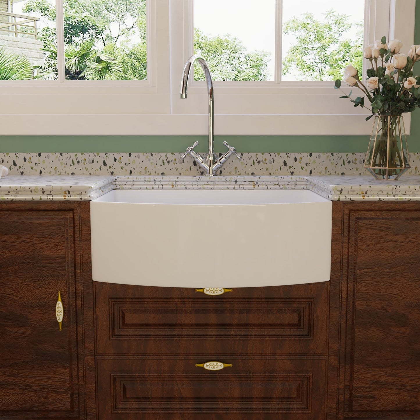 DeerValley Grove 30" Single Bowl Rectangular White Corrosion-Resistant Farmhouse Kitchen Sink With Basket Strainer Drain and Grid
