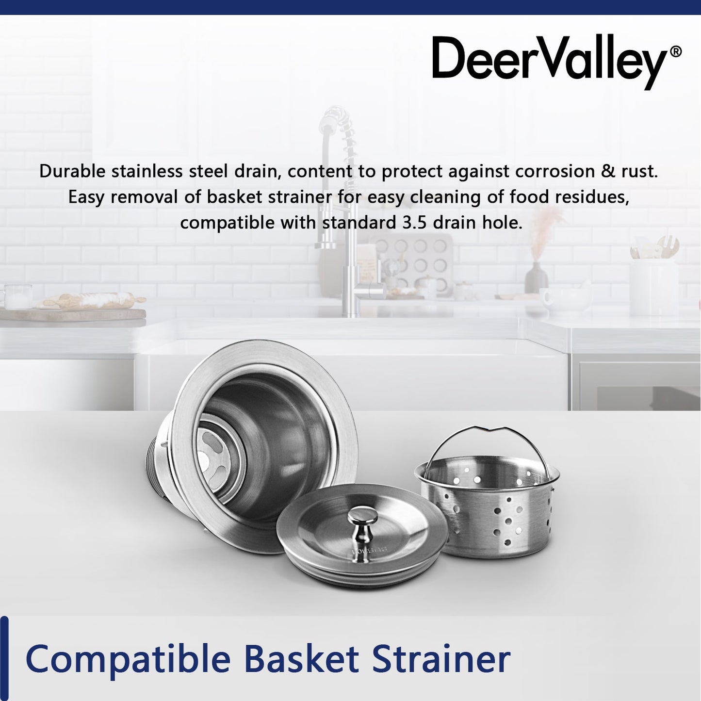 DeerValley Grove 32" Single Bowl Rectangular White Corrosion-Resistant Farmhouse Kitchen Sink With Basket Strainer Drain and Grid