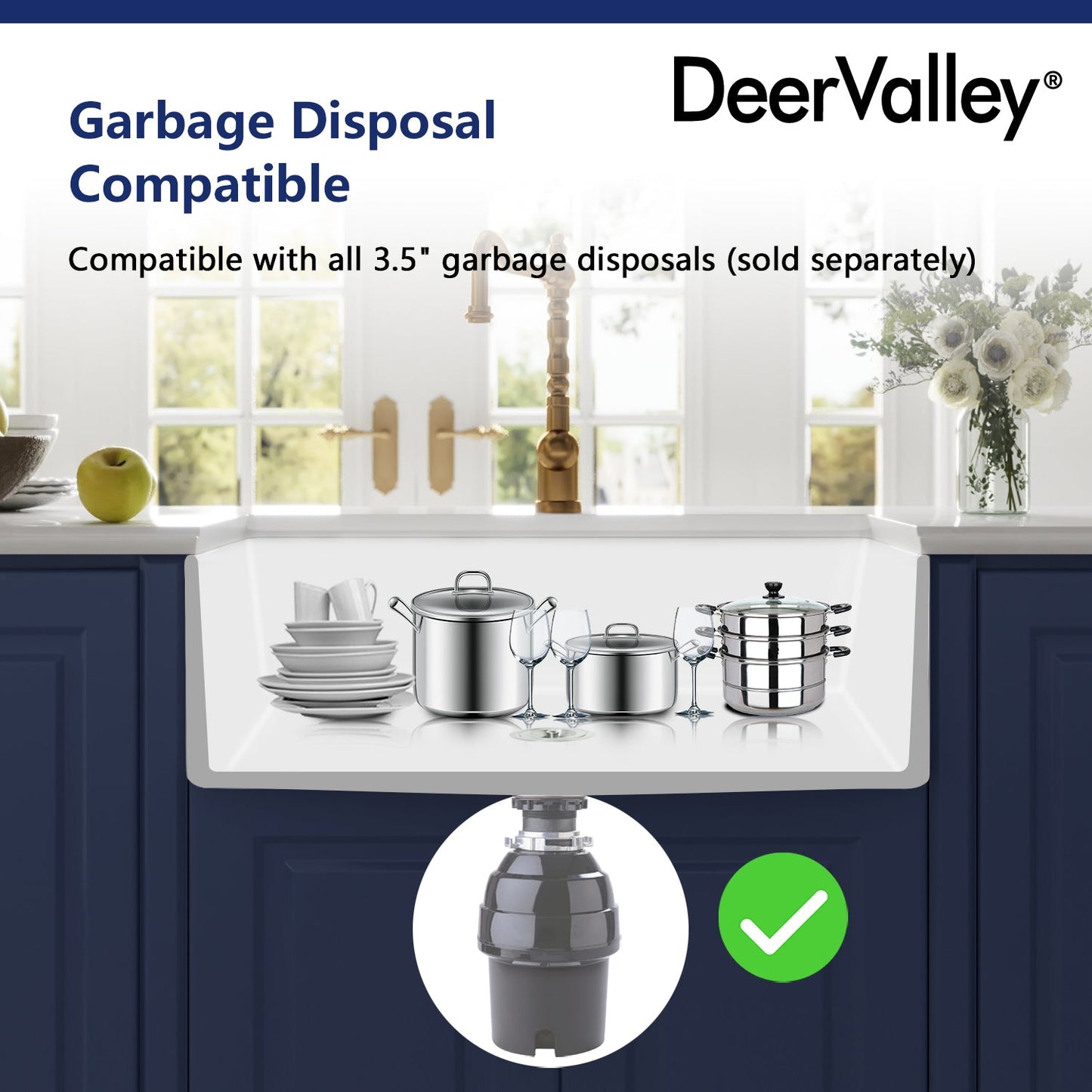 DeerValley Grove 32" Single Bowl Rectangular White Corrosion-Resistant Farmhouse Kitchen Sink With Basket Strainer Drain and Grid