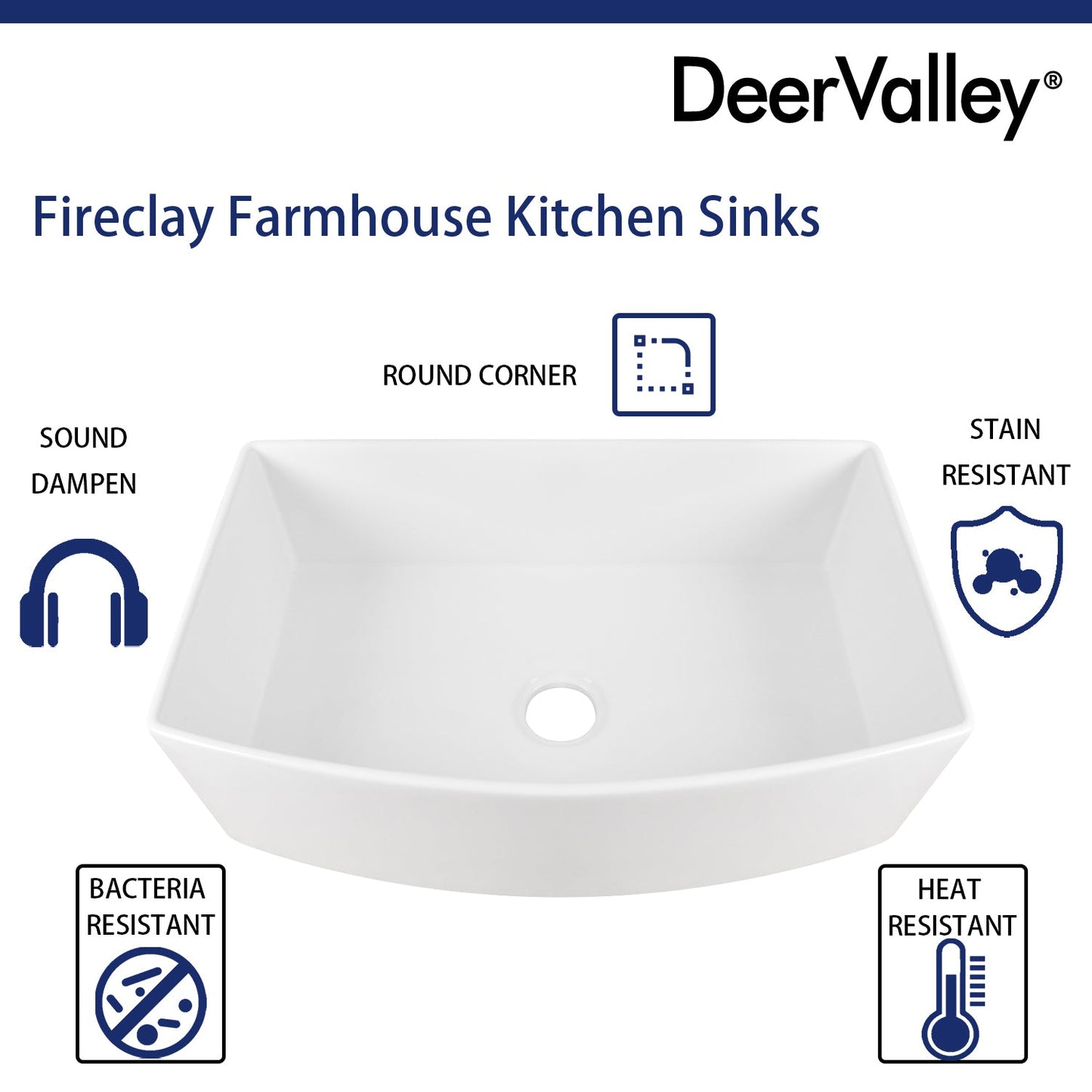 DeerValley Grove 32" Single Bowl Rectangular White Corrosion-Resistant Farmhouse Kitchen Sink With Basket Strainer Drain and Grid