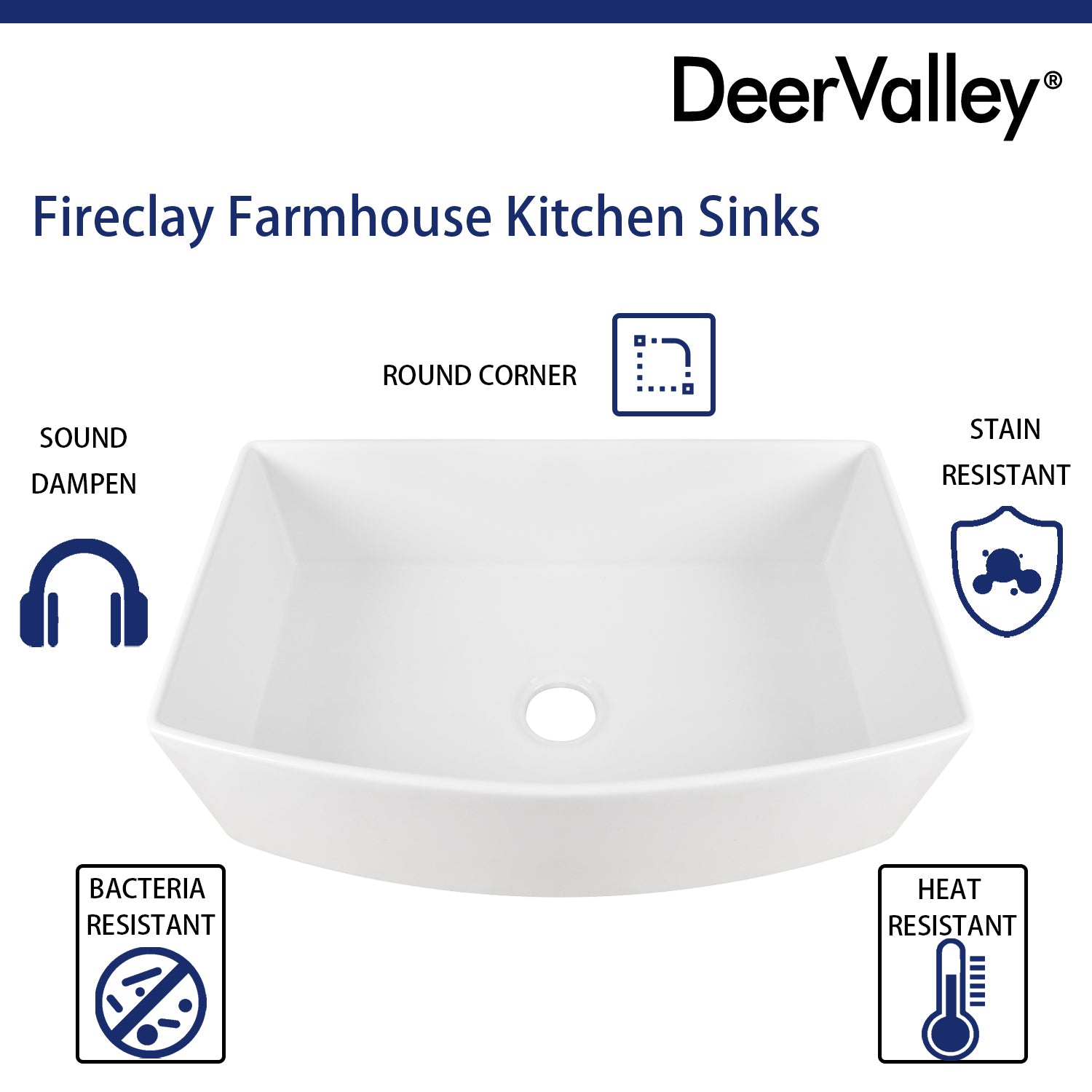 DeerValley Grove 32" Single Bowl Rectangular White Corrosion-Resistant Farmhouse Kitchen Sink With Basket Strainer Drain and Grid