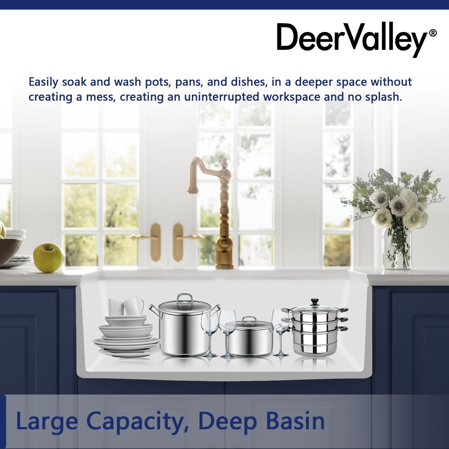 DeerValley Grove 32" Single Bowl Rectangular White Corrosion-Resistant Farmhouse Kitchen Sink With Basket Strainer Drain and Grid