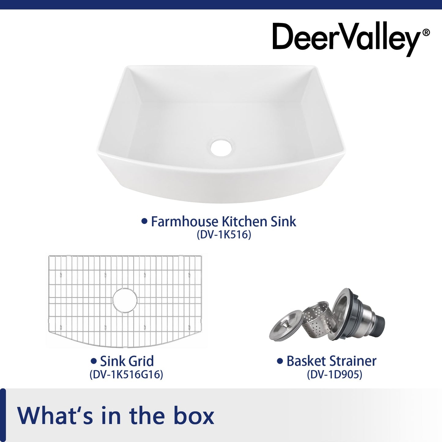 DeerValley Grove 32" Single Bowl Rectangular White Corrosion-Resistant Farmhouse Kitchen Sink With Basket Strainer Drain and Grid