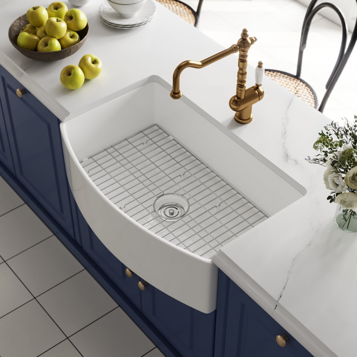 DeerValley Grove 32" Single Bowl Rectangular White Corrosion-Resistant Farmhouse Kitchen Sink With Basket Strainer Drain and Grid