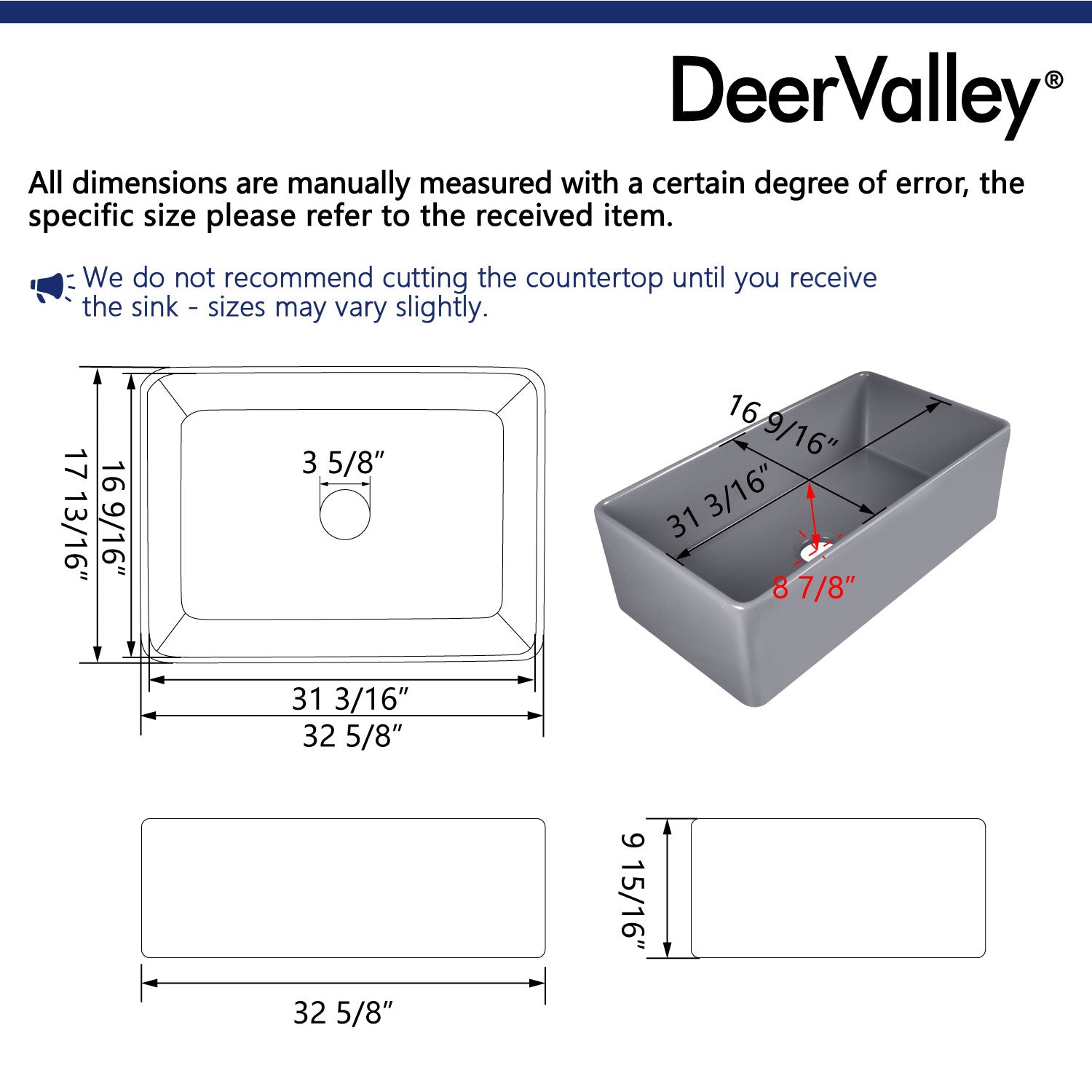 DeerValley Grove 33" Single Bowl Rectangular Gray Fireclay Seamless Farmhouse Kitchen Sink