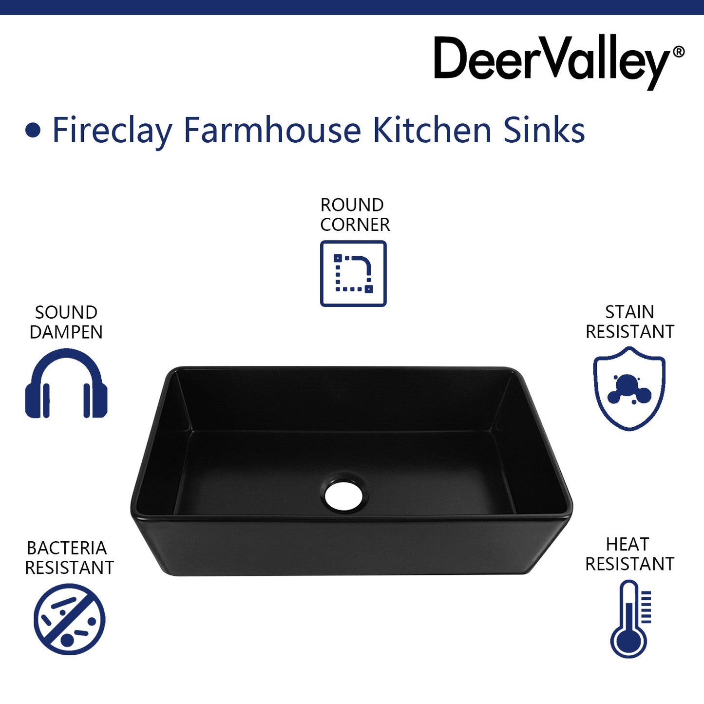 DeerValley Grove 36" Single Bowl Rectangular Black Fireclay Large Capacity Farmhouse Kitchen Sink With Basket Strainer Drain and Grid