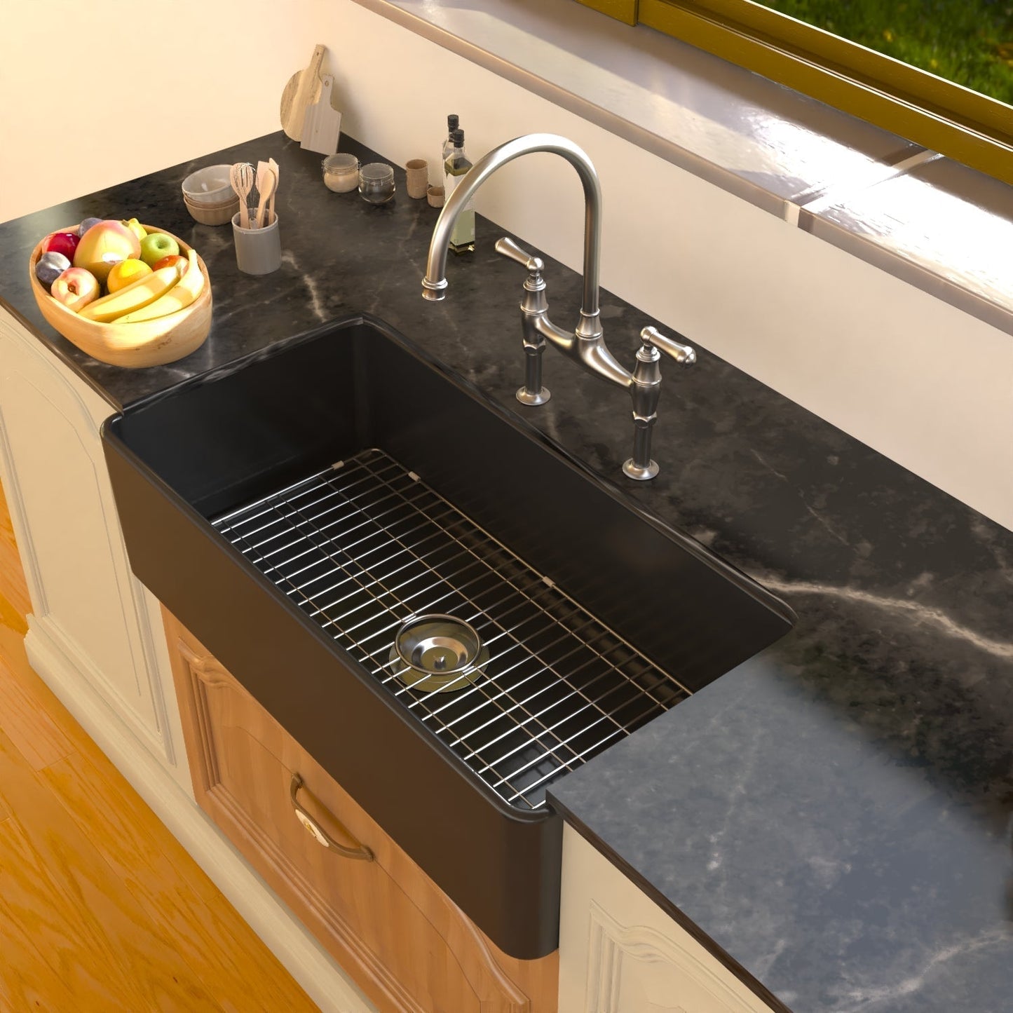 DeerValley Grove 36" Single Bowl Rectangular Black Fireclay Large Capacity Farmhouse Kitchen Sink With Basket Strainer Drain and Grid