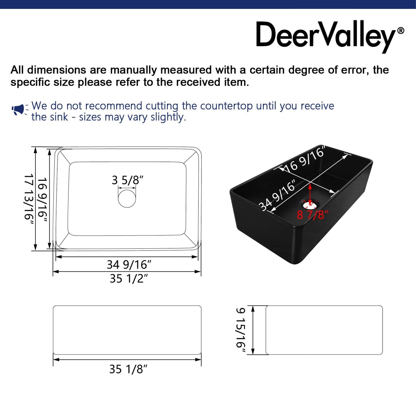 DeerValley Grove 36" Single Bowl Rectangular Black Fireclay Large Capacity Farmhouse Kitchen Sink With Basket Strainer Drain and Grid