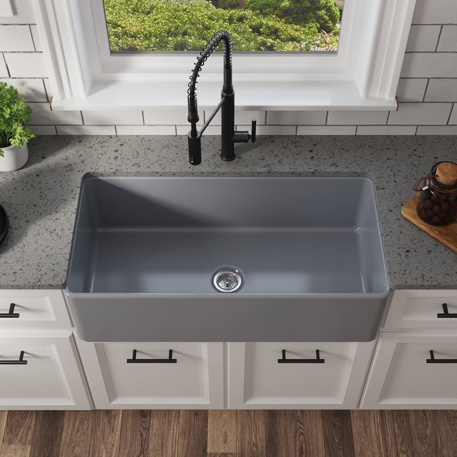 DeerValley Grove 36" Single Bowl Rectangular Gray Fireclay Seamless Farmhouse Kitchen Sink