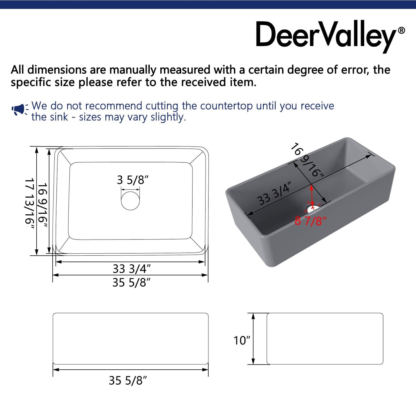 DeerValley Grove 36" Single Bowl Rectangular Gray Fireclay Seamless Farmhouse Kitchen Sink