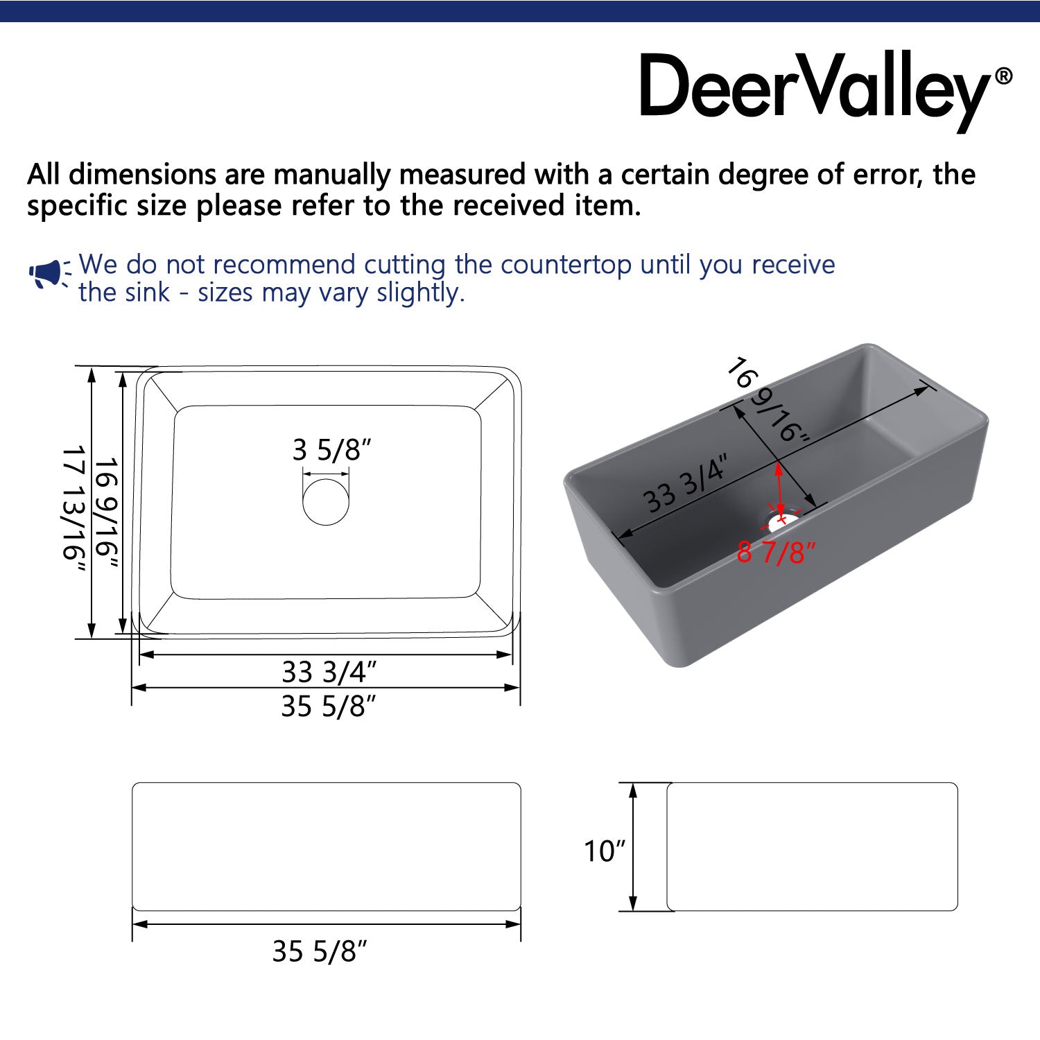 DeerValley Grove 36" Single Bowl Rectangular Gray Fireclay Seamless Farmhouse Kitchen Sink