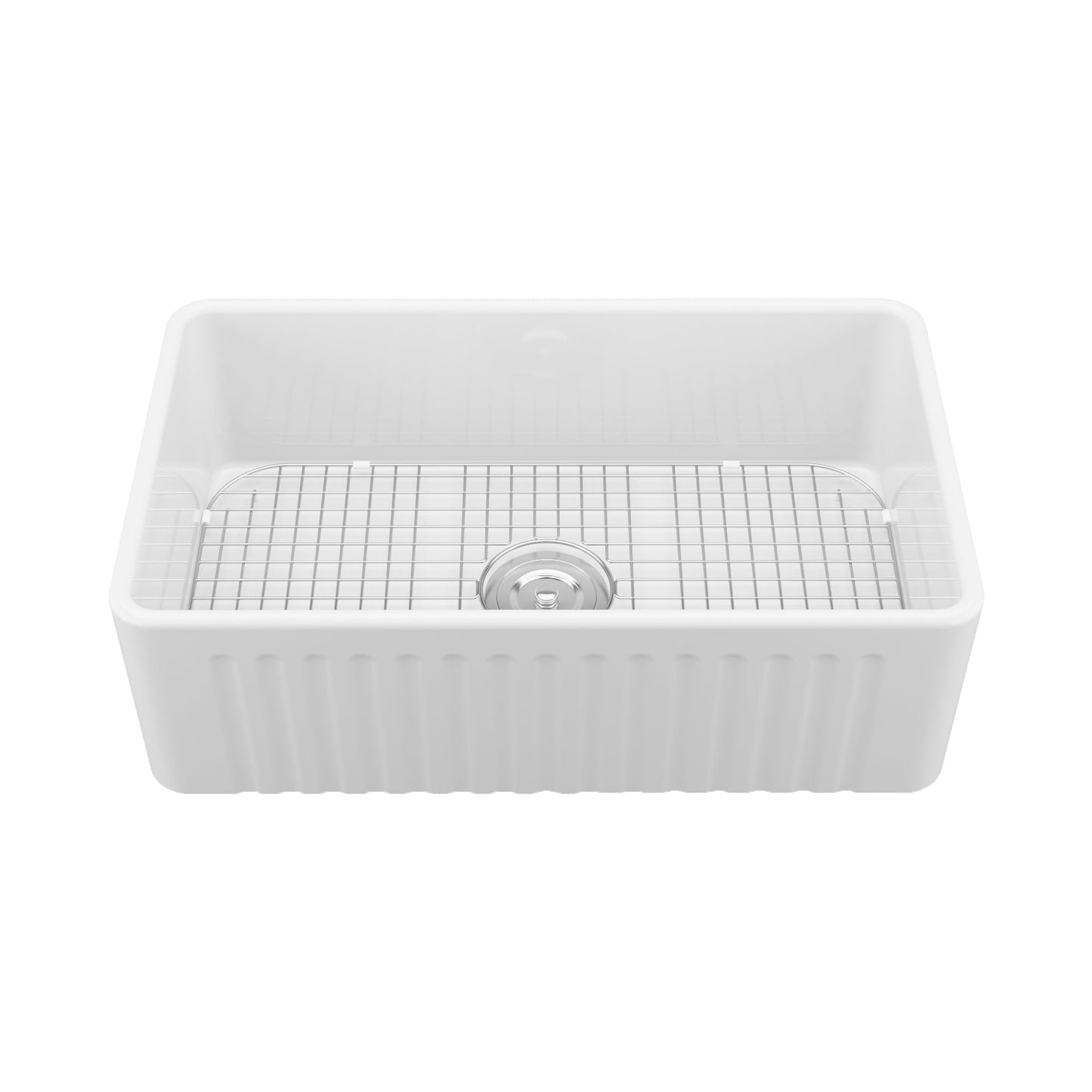 DeerValley Harvest 30" Single Bowl Rectangular White Ceramic Apron Front Farmhouse Kitchen Sink With Basket Strainer Drain and Grid