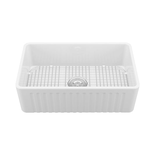 DeerValley Harvest 30" Single Bowl Rectangular White Ceramic Apron Front Farmhouse Kitchen Sink With Basket Strainer Drain and Grid