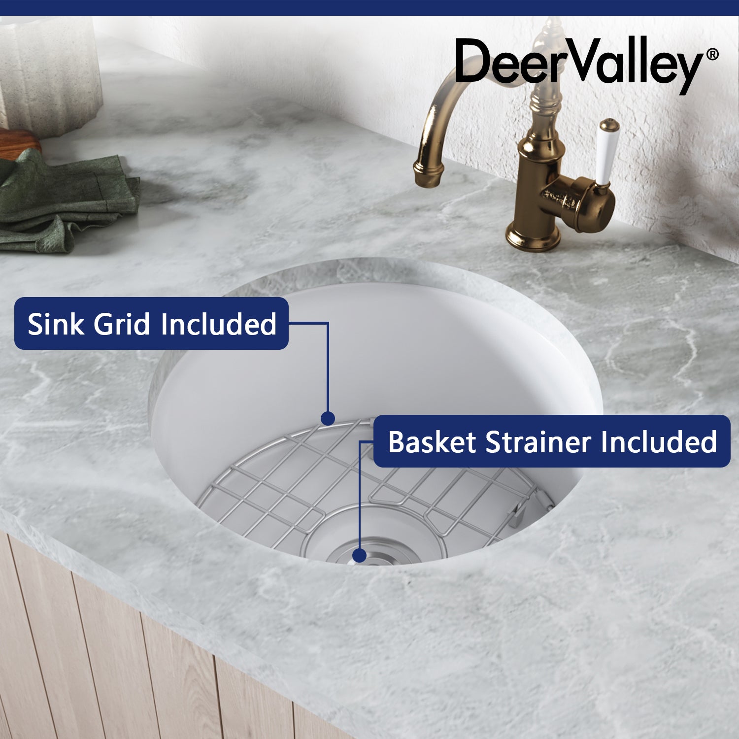 DeerValley Haven 15" DV-1K506 Round White Fireclay Scratch-Resistant Undermount or Topmount Farmhouse Kitchen Sink With Basket Strainer Drain and Grid
