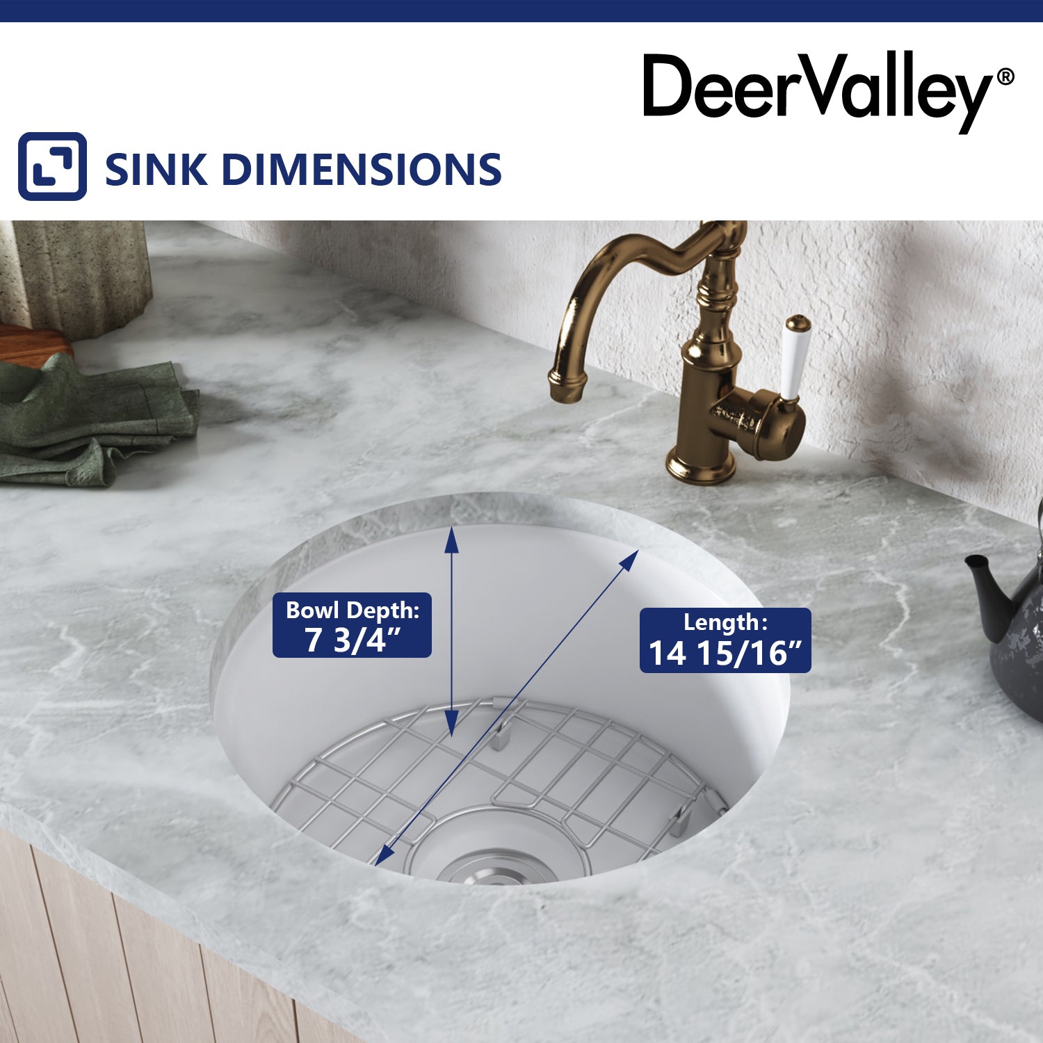 DeerValley Haven 15" Single Bowl Round White Fireclay Scratch-Resistant Undermount or Topmount Farmhouse Kitchen Sink With Basket Strainer Drain and Grid