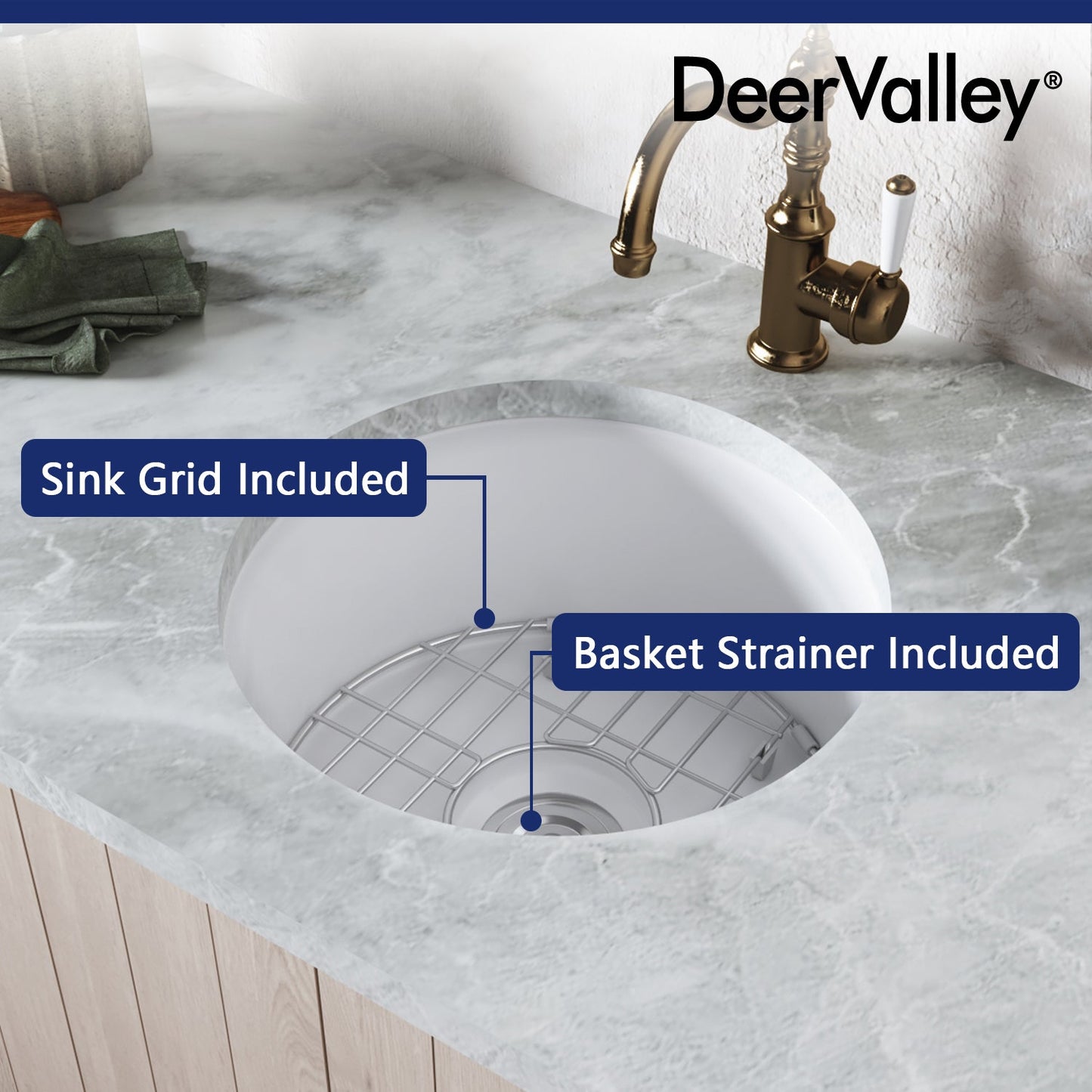 DeerValley Haven 15" Single Bowl Round White Fireclay Scratch-Resistant Undermount or Topmount Farmhouse Kitchen Sink With Basket Strainer Drain and Grid