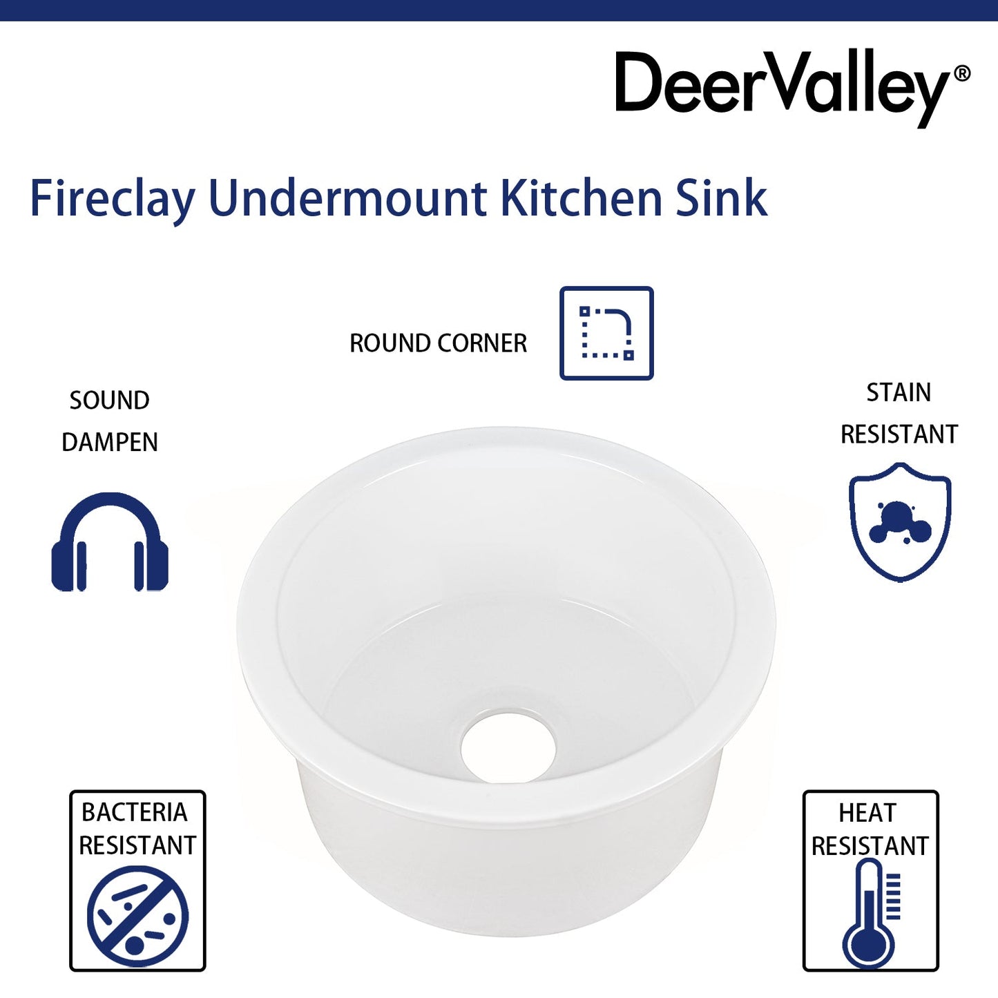 DeerValley Haven 15" Single Bowl Round White Fireclay Scratch-Resistant Undermount or Topmount Farmhouse Kitchen Sink With Basket Strainer Drain and Grid