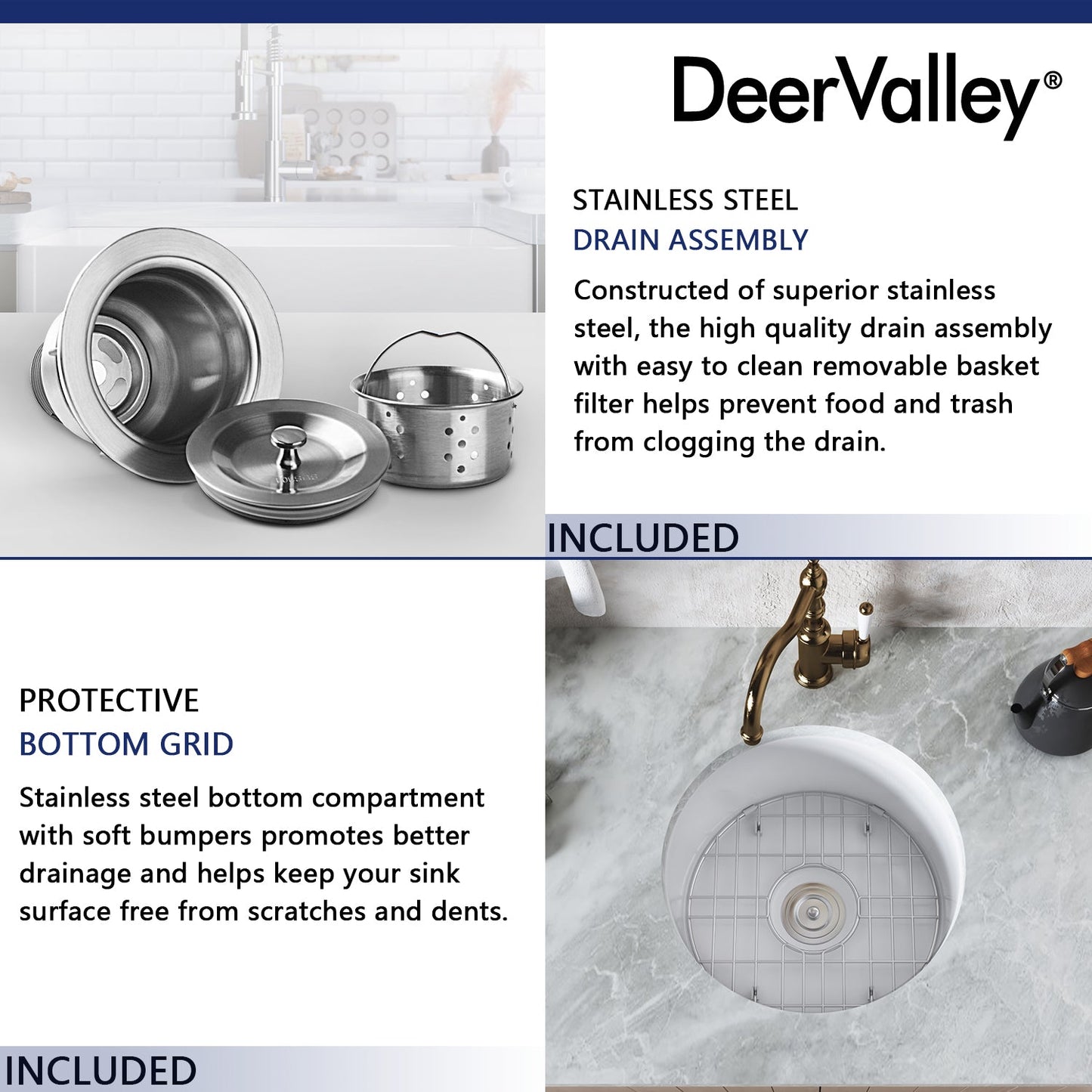 DeerValley Haven 15" Single Bowl Round White Fireclay Scratch-Resistant Undermount or Topmount Farmhouse Kitchen Sink With Basket Strainer Drain and Grid