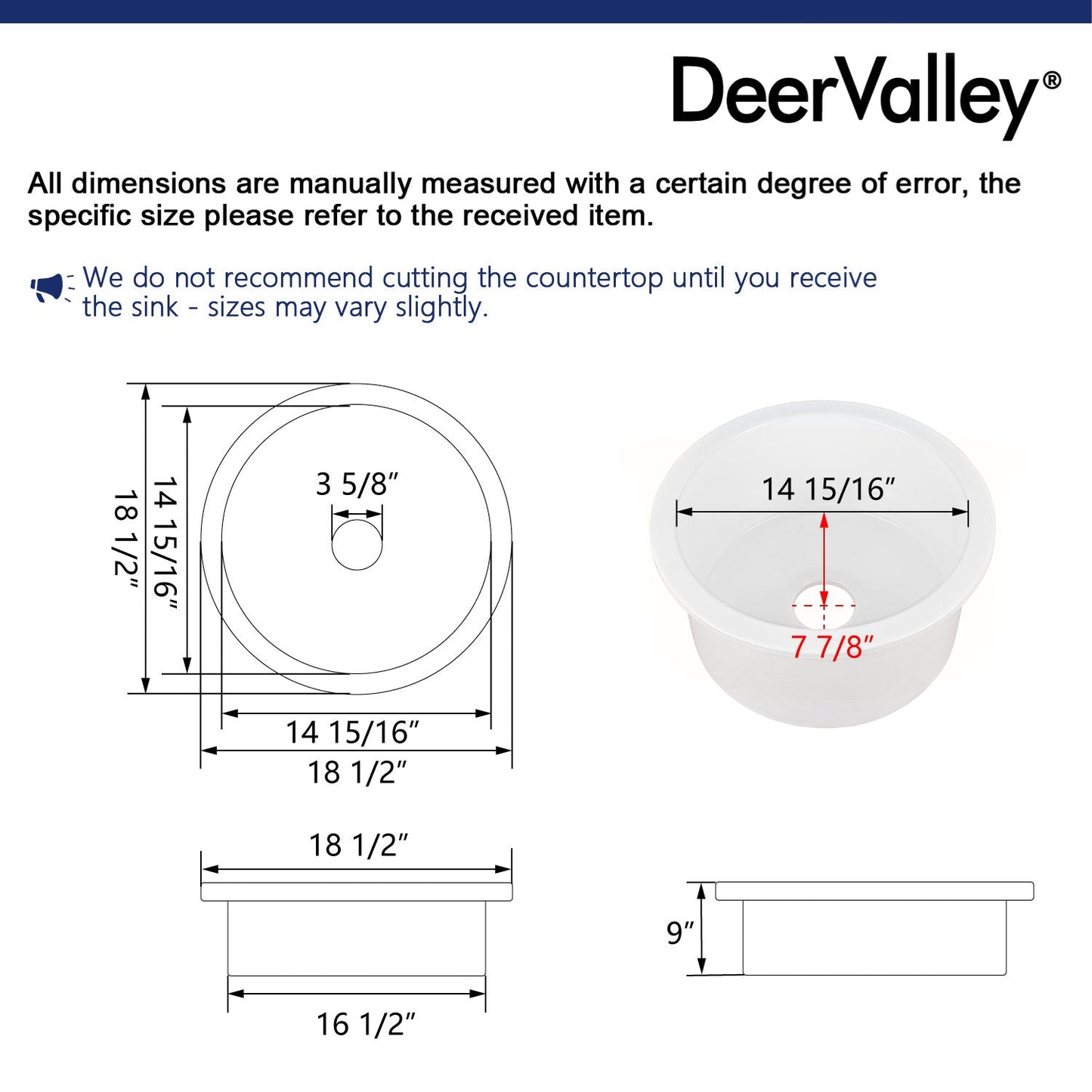 DeerValley Haven 15" Single Bowl Round White Fireclay Scratch-Resistant Undermount or Topmount Farmhouse Kitchen Sink With Basket Strainer Drain and Grid