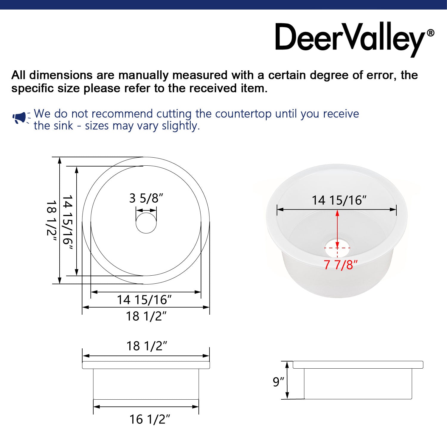 DeerValley Haven 15" Single Bowl Round White Fireclay Scratch-Resistant Undermount or Topmount Farmhouse Kitchen Sink With Basket Strainer Drain and Grid