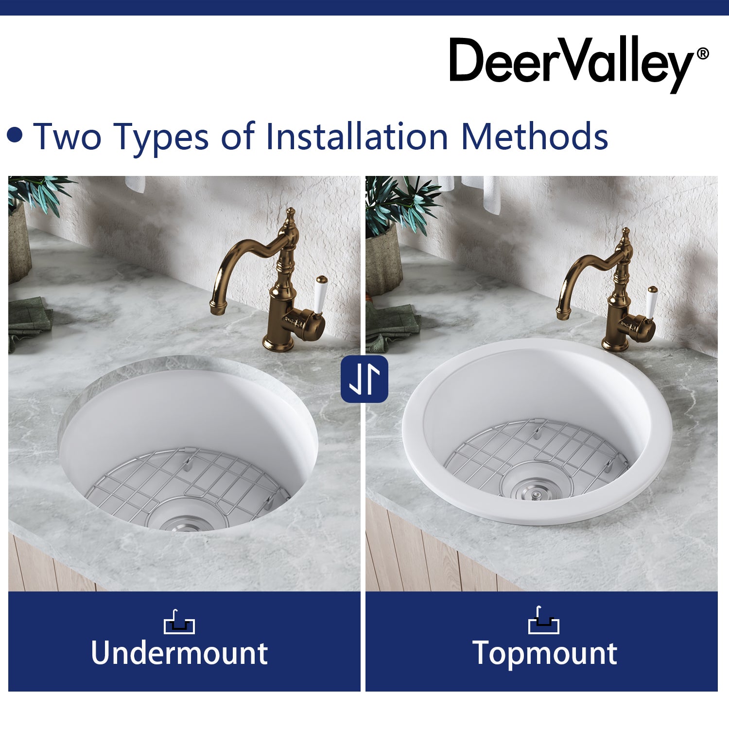 DeerValley Haven 15" Single Bowl Round White Fireclay Scratch-Resistant Undermount or Topmount Farmhouse Kitchen Sink With Basket Strainer Drain and Grid