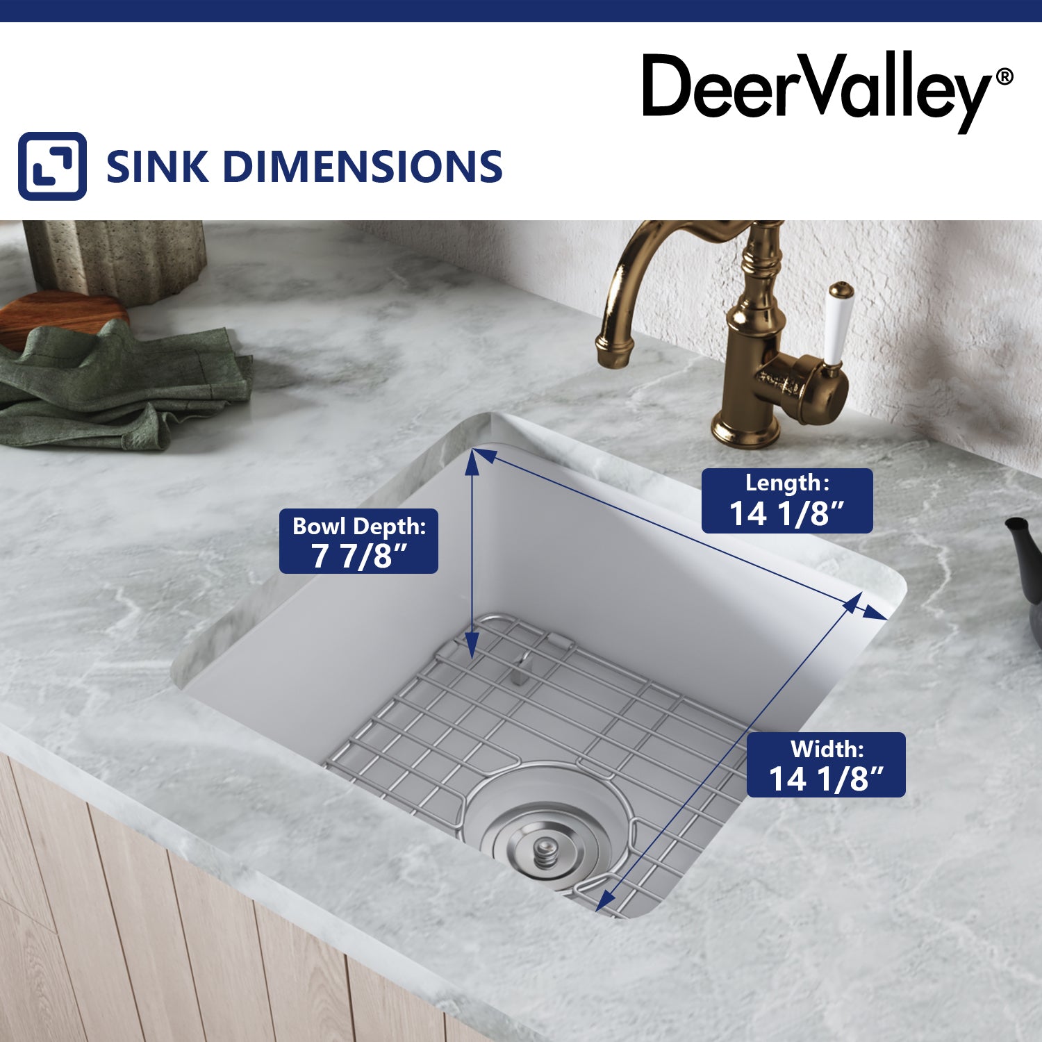 DeerValley Haven 18" Single Bowl Square White Fireclay Large Capacity Undermount or Topmount Farmhouse Kitchen Sink With Basket Strainer Drain and Grid