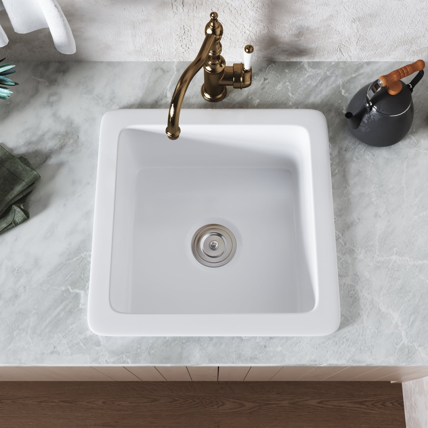 DeerValley Haven 18" Single Bowl Square White Fireclay Large Capacity Undermount or Topmount Farmhouse Kitchen Sink With Basket Strainer Drain and Grid