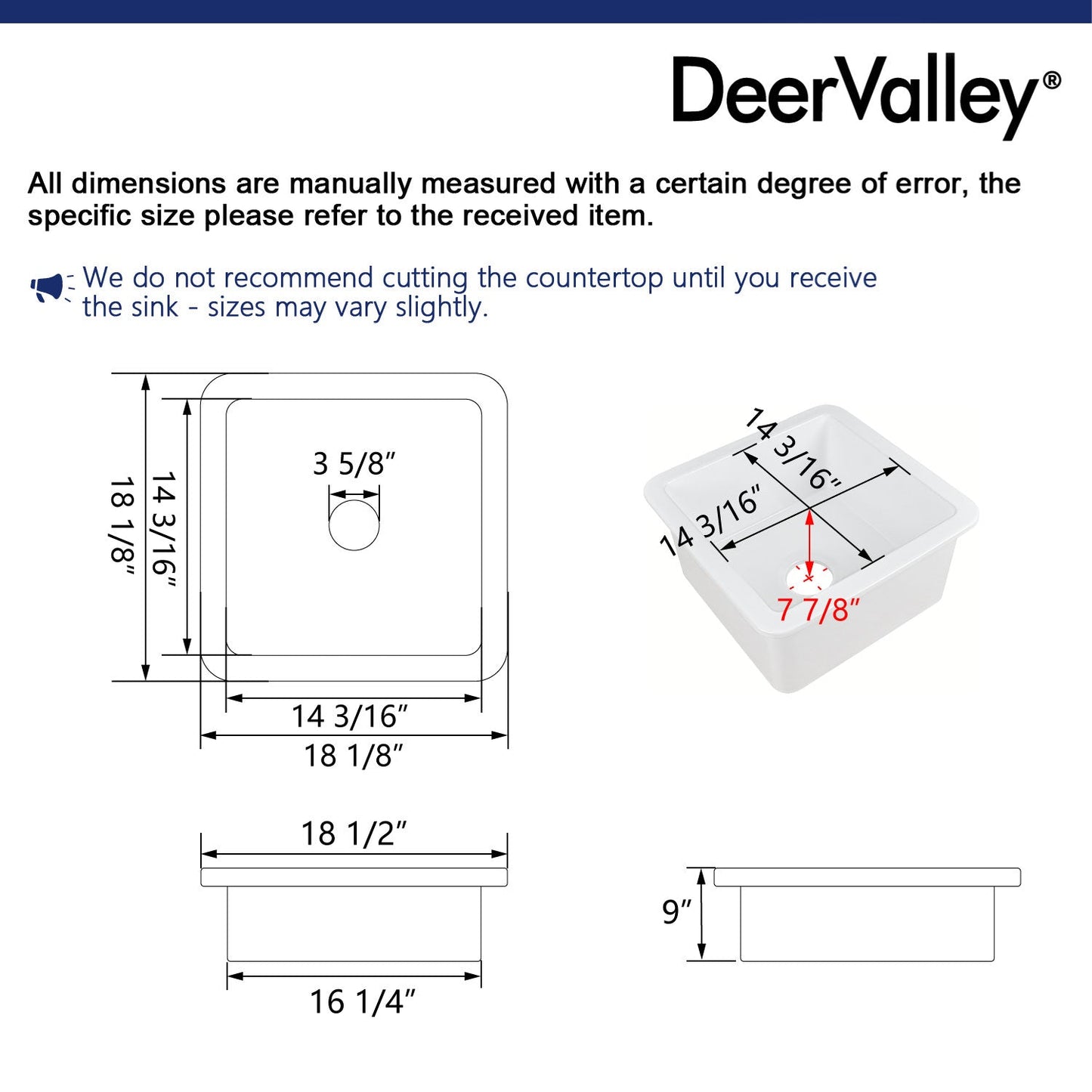 DeerValley Haven 18" Single Bowl Square White Fireclay Large Capacity Undermount or Topmount Farmhouse Kitchen Sink With Basket Strainer Drain and Grid