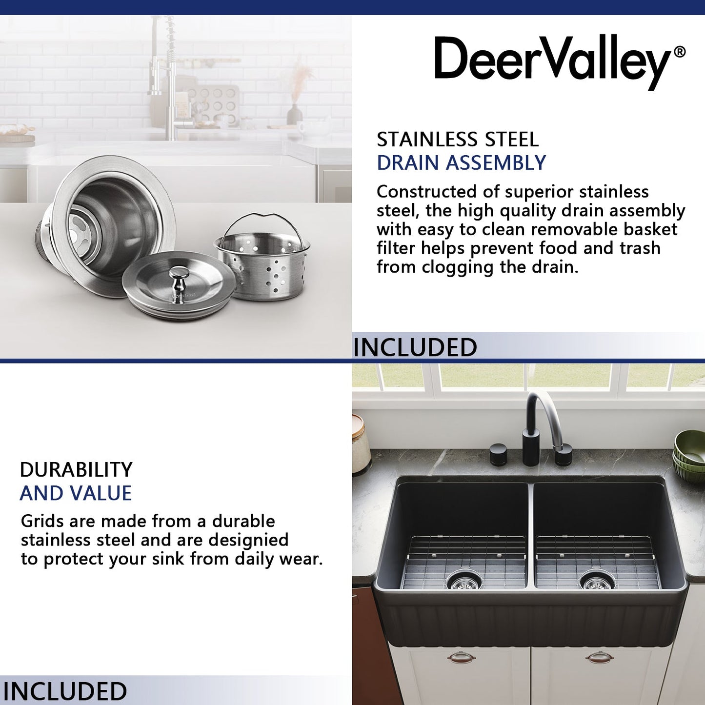 DeerValley Nova 33" Double Bowl Rectangular Black Seamless Farmhouse Kitchen Sink With Basket Strainer Drain and Grid