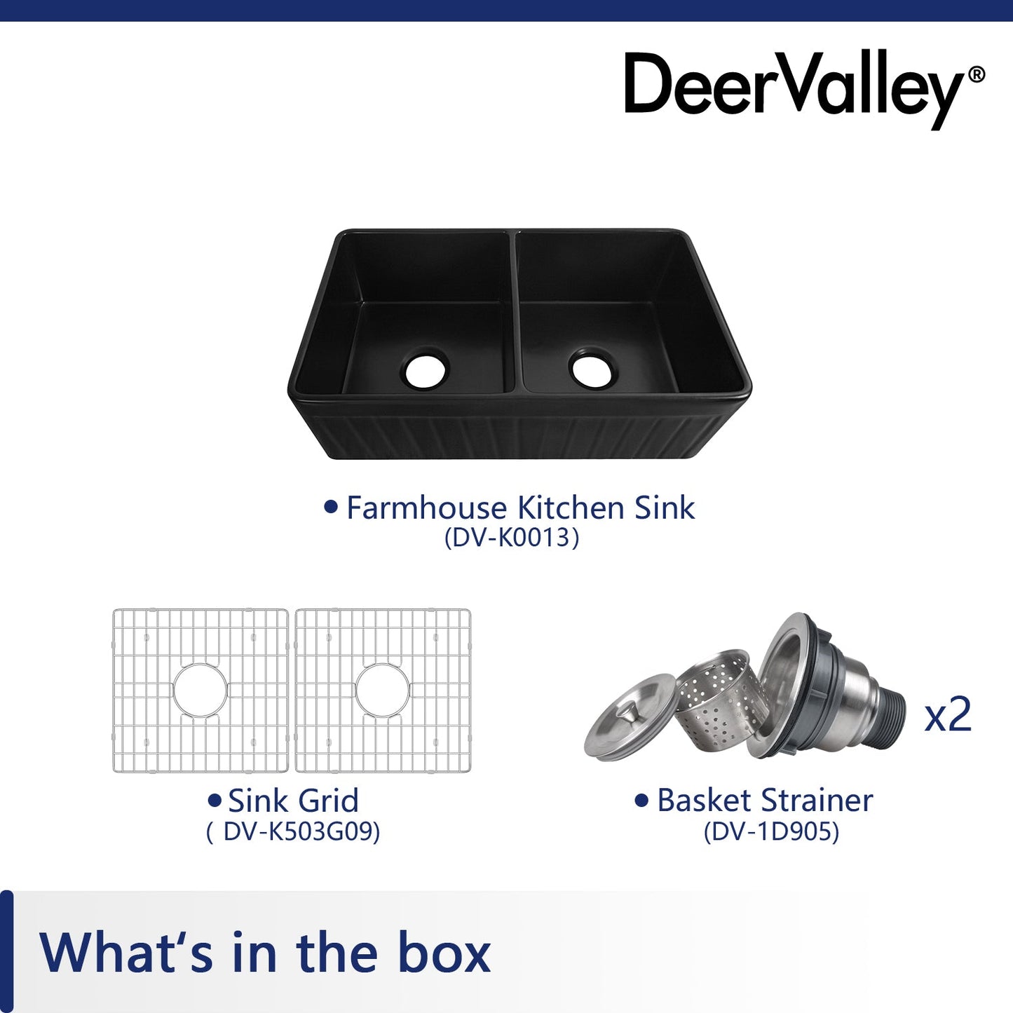 DeerValley Nova 33" Double Bowl Rectangular Black Seamless Farmhouse Kitchen Sink With Basket Strainer Drain and Grid