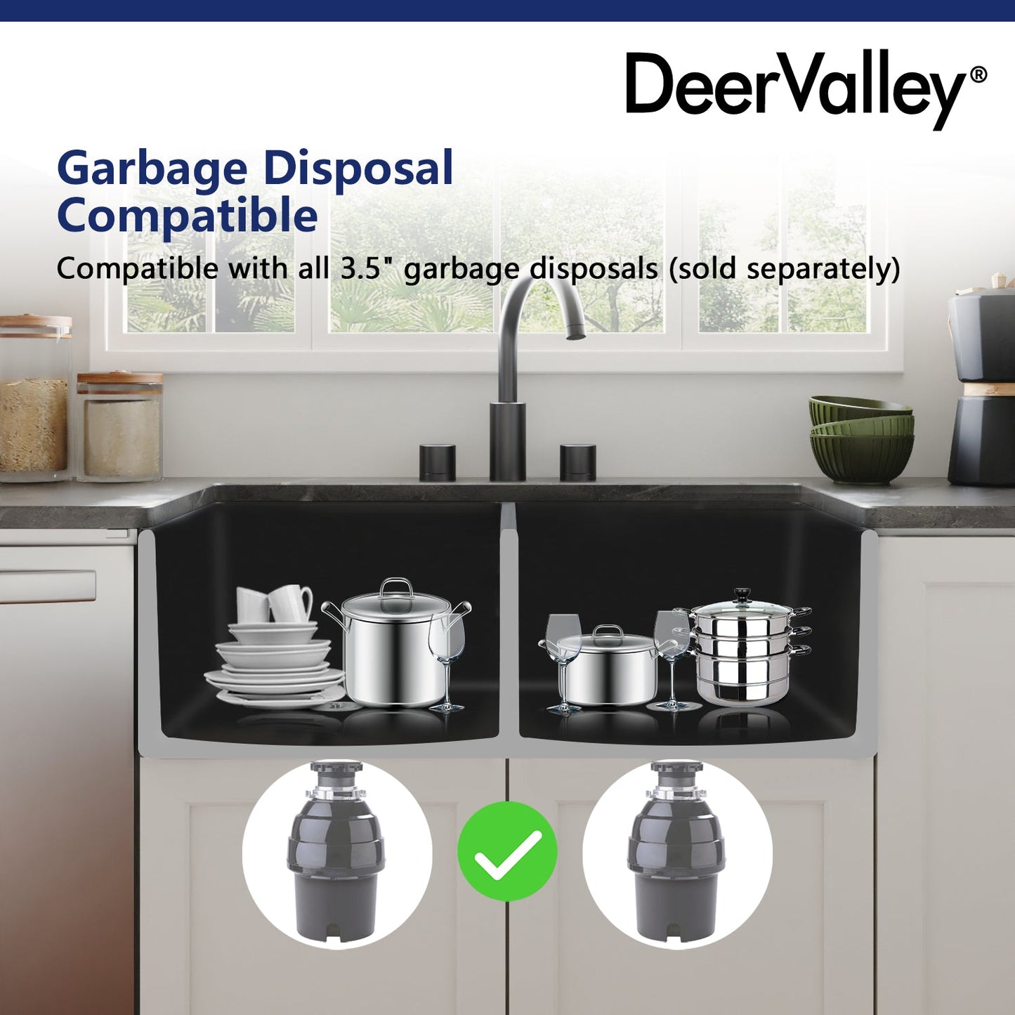 DeerValley Nova 33" Double Bowl Rectangular Black Seamless Farmhouse Kitchen Sink With Basket Strainer Drain and Grid