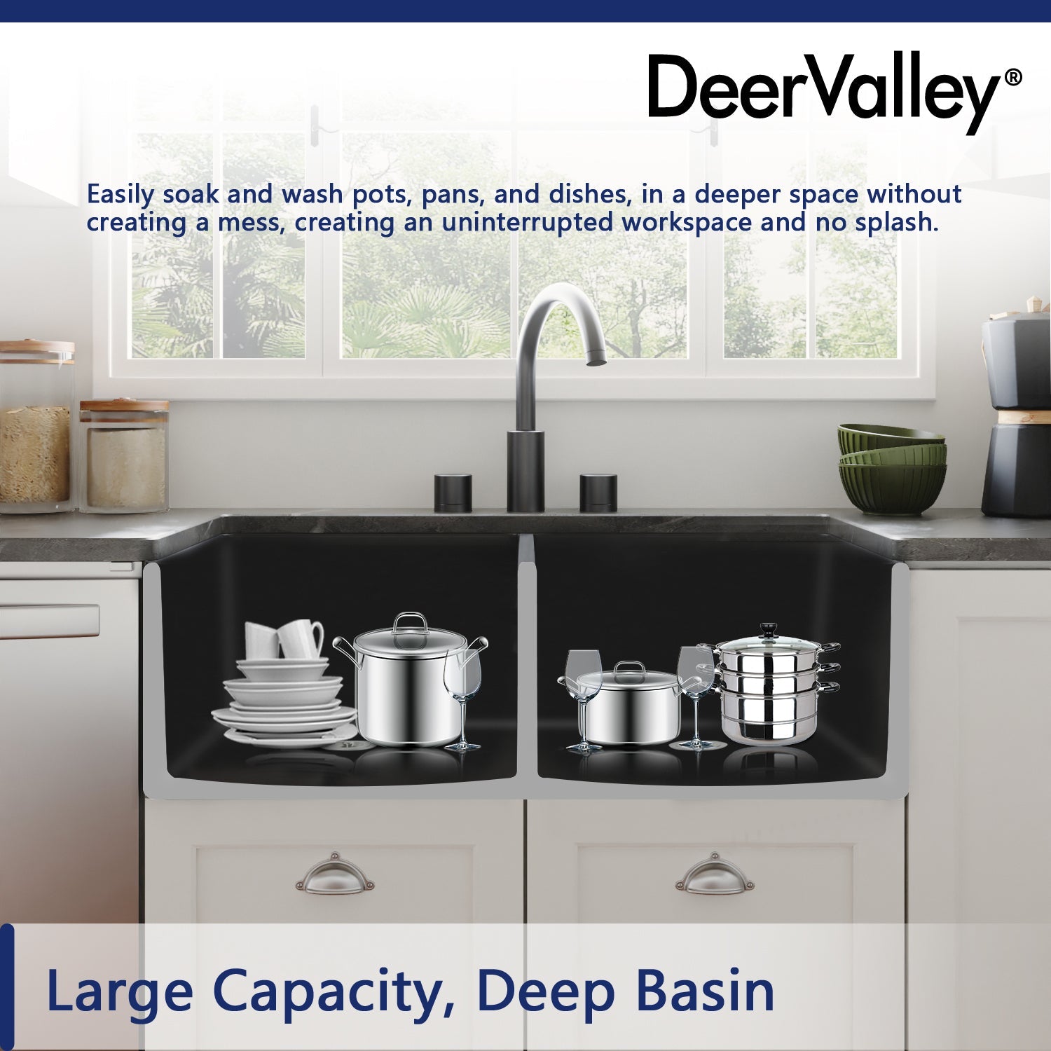 DeerValley Nova 33" Double Bowl Rectangular Black Seamless Farmhouse Kitchen Sink With Basket Strainer Drain and Grid