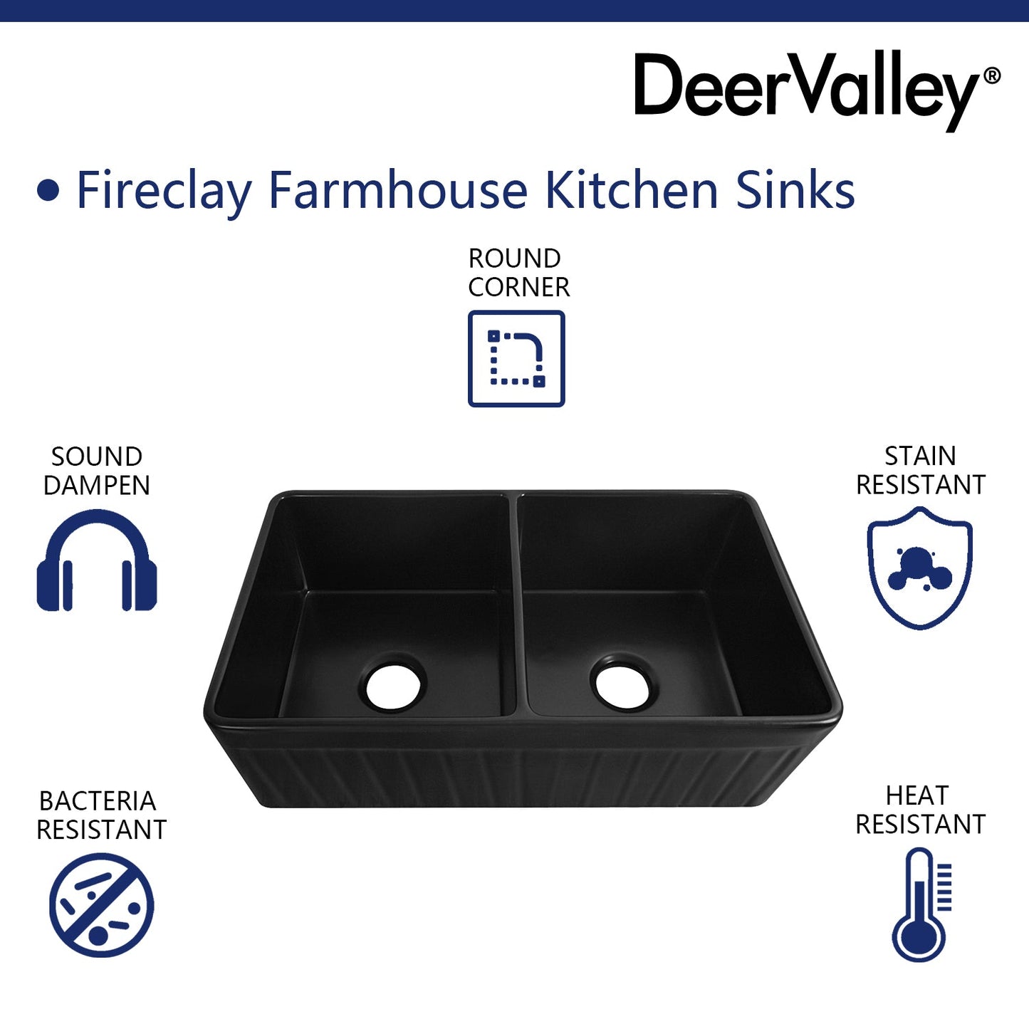 DeerValley Nova 33" Double Bowl Rectangular Black Seamless Farmhouse Kitchen Sink With Basket Strainer Drain and Grid