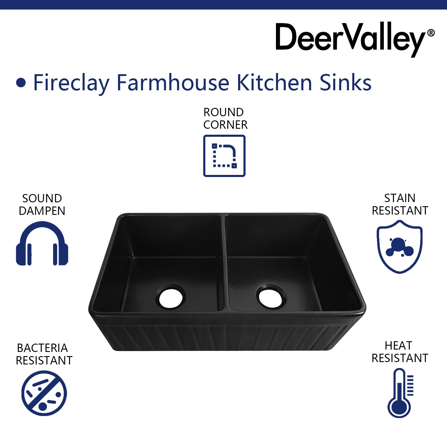 DeerValley Nova 33" Double Bowl Rectangular Black Seamless Farmhouse Kitchen Sink With Basket Strainer Drain and Grid