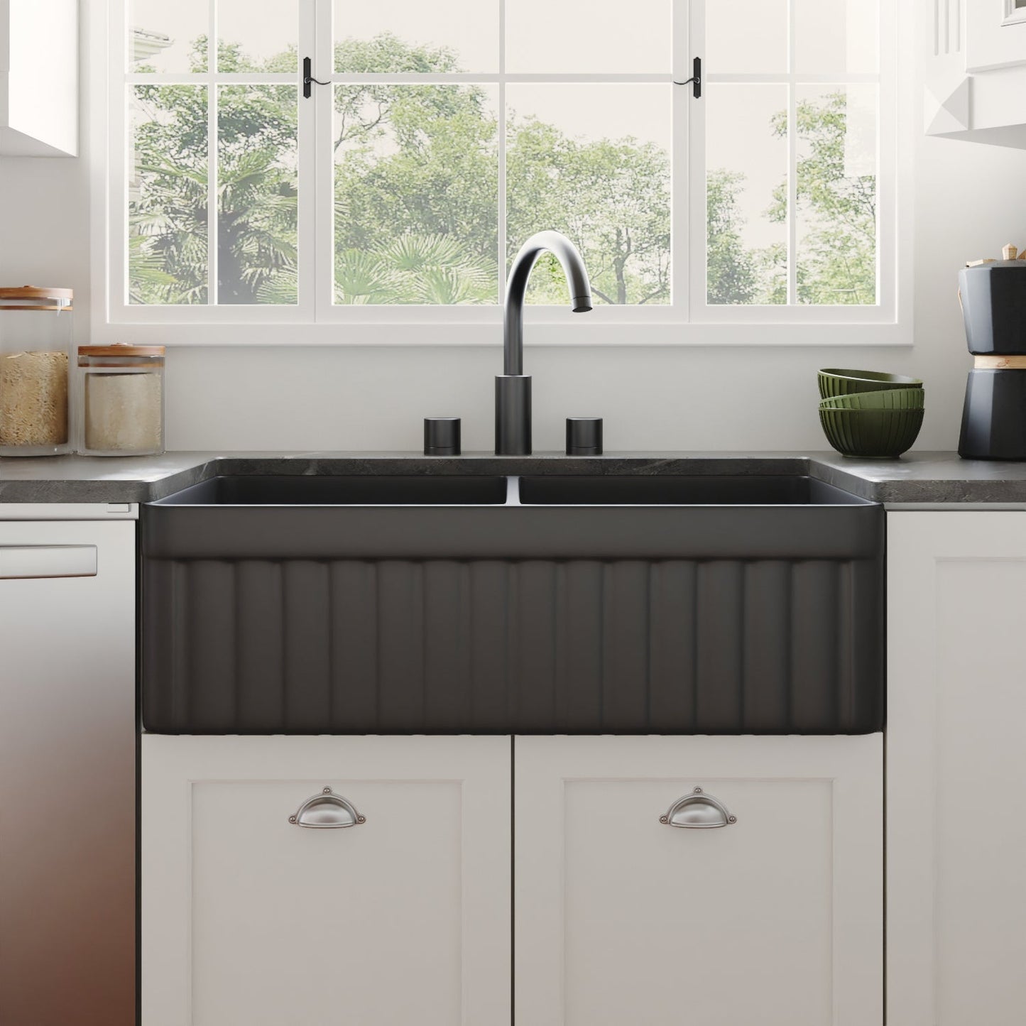 DeerValley Nova 33" Double Bowl Rectangular Black Seamless Farmhouse Kitchen Sink With Basket Strainer Drain and Grid