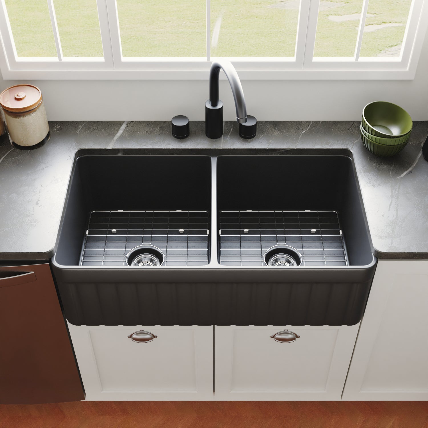 DeerValley Nova 33" Double Bowl Rectangular Black Seamless Farmhouse Kitchen Sink With Basket Strainer Drain and Grid