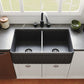 DeerValley Nova 33" Double Bowl Rectangular Black Seamless Farmhouse Kitchen Sink With Basket Strainer Drain and Grid