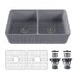 DeerValley Nova 33" Double Bowl Rectangular Gray Fireclay Large Capacity Farmhouse Kitchen Sink With Basket Strainer Drain and Grid