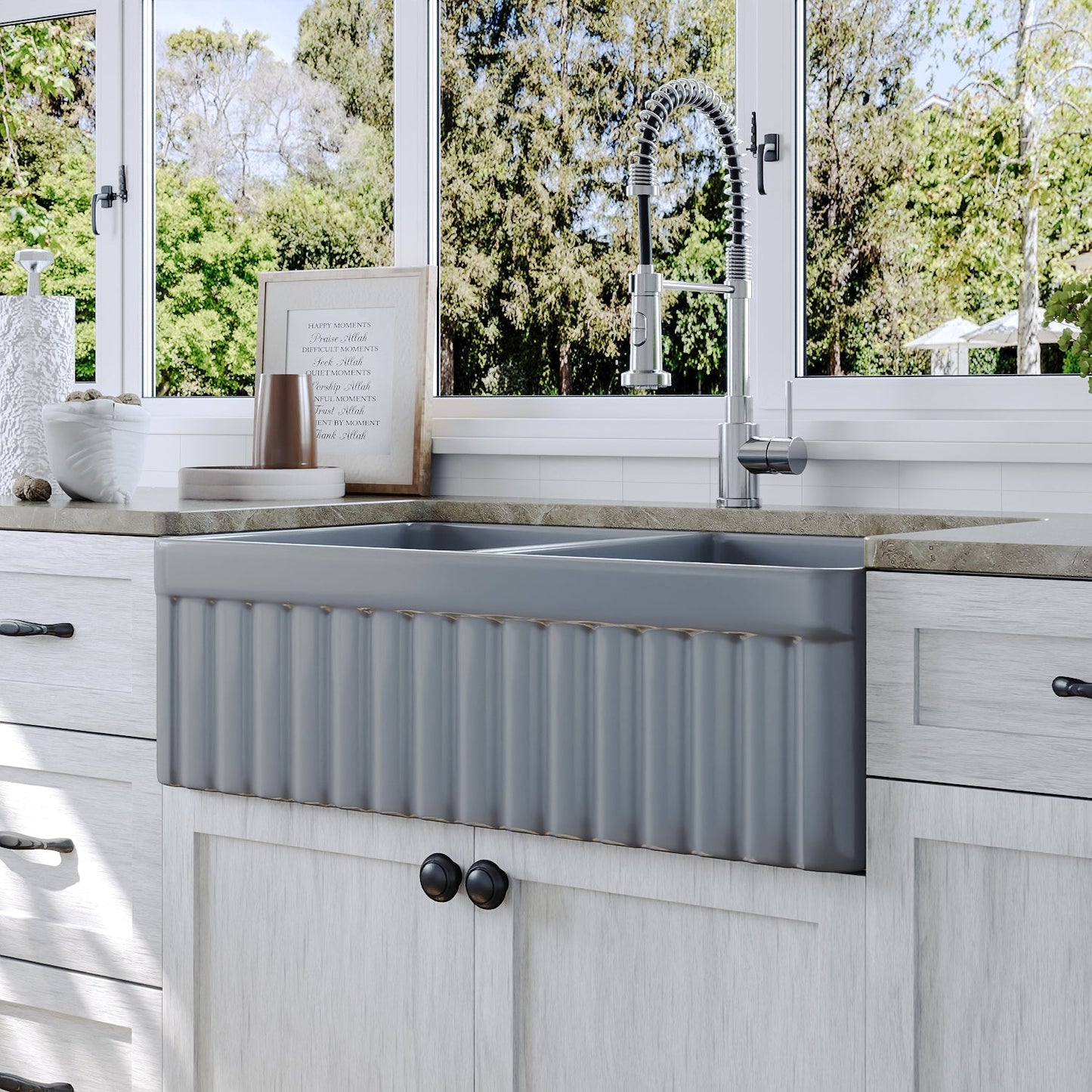 DeerValley Nova 33" Double Bowl Rectangular Gray Fireclay Large Capacity Farmhouse Kitchen Sink With Basket Strainer Drain and Grid