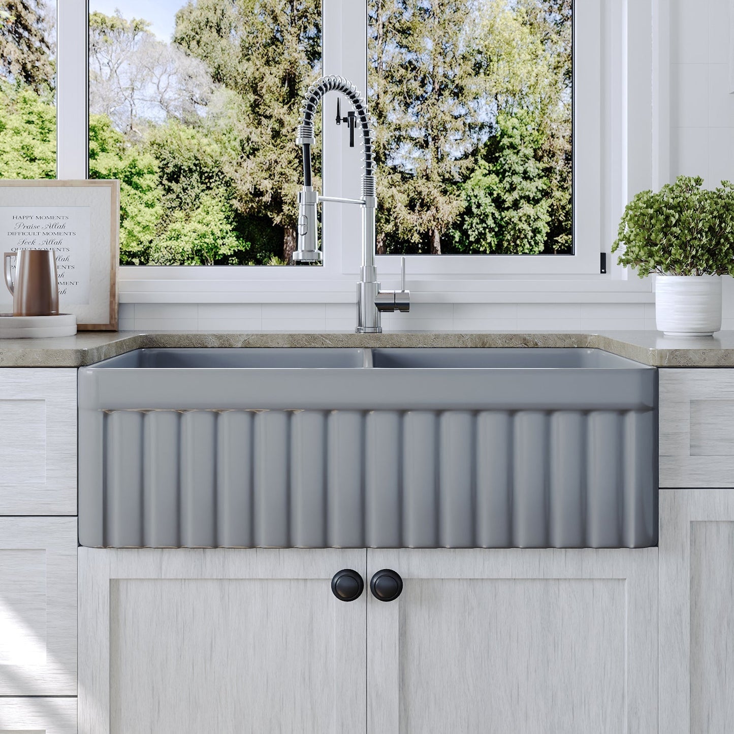 DeerValley Nova 33" Double Bowl Rectangular Gray Fireclay Large Capacity Farmhouse Kitchen Sink With Basket Strainer Drain and Grid