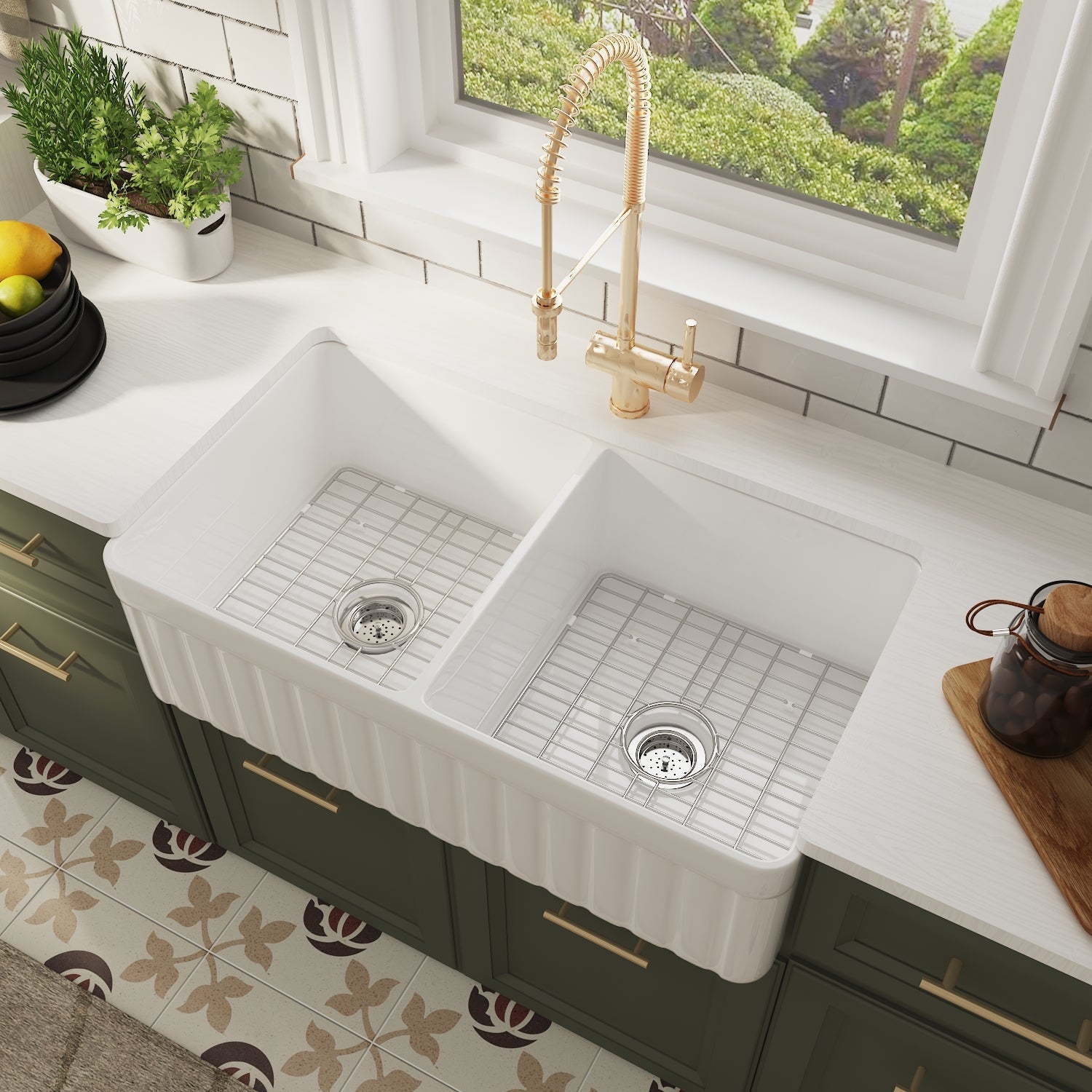 DeerValley Nova 33" Double Bowl Rectangular White Fireclay Large Capacity Farmhouse Kitchen Sink